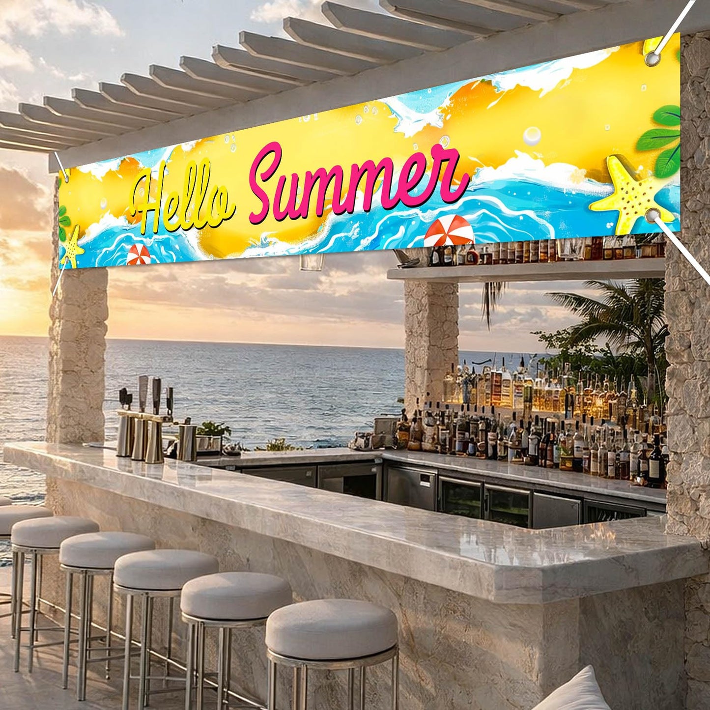 BlissYard Hello Summer Banner 118 x 20 Inch Pool Party Decorations Beach Surfboard Watermelon Tropical Fence Sign Hawaiian Luau Outdoor Backyard Wall Decor BST220