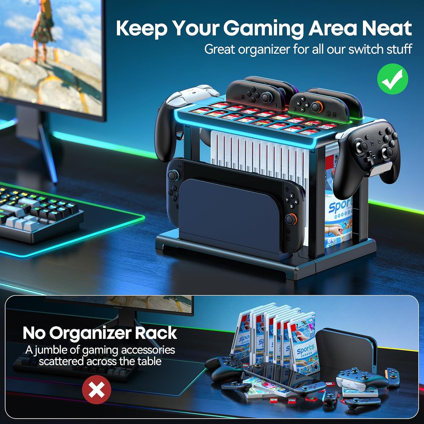 Switch 2 Dock Organizer Station with Joycon2 Charger, 4 Charging Dock for Switch2 Joycons, Storage for 16 Switch2 Games & 16 Game Cases, Pro Controllers & Switch 2 Console Dock Organizer Accessories WN420
