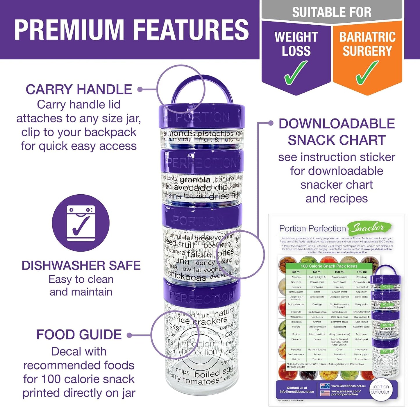 100 Cal Stackable Snack Containers for Weight Management, Food Portion Control Containers for Weight Control with Instructions for Men, Women and Bariatric Must-Haves (Purple) BST326H