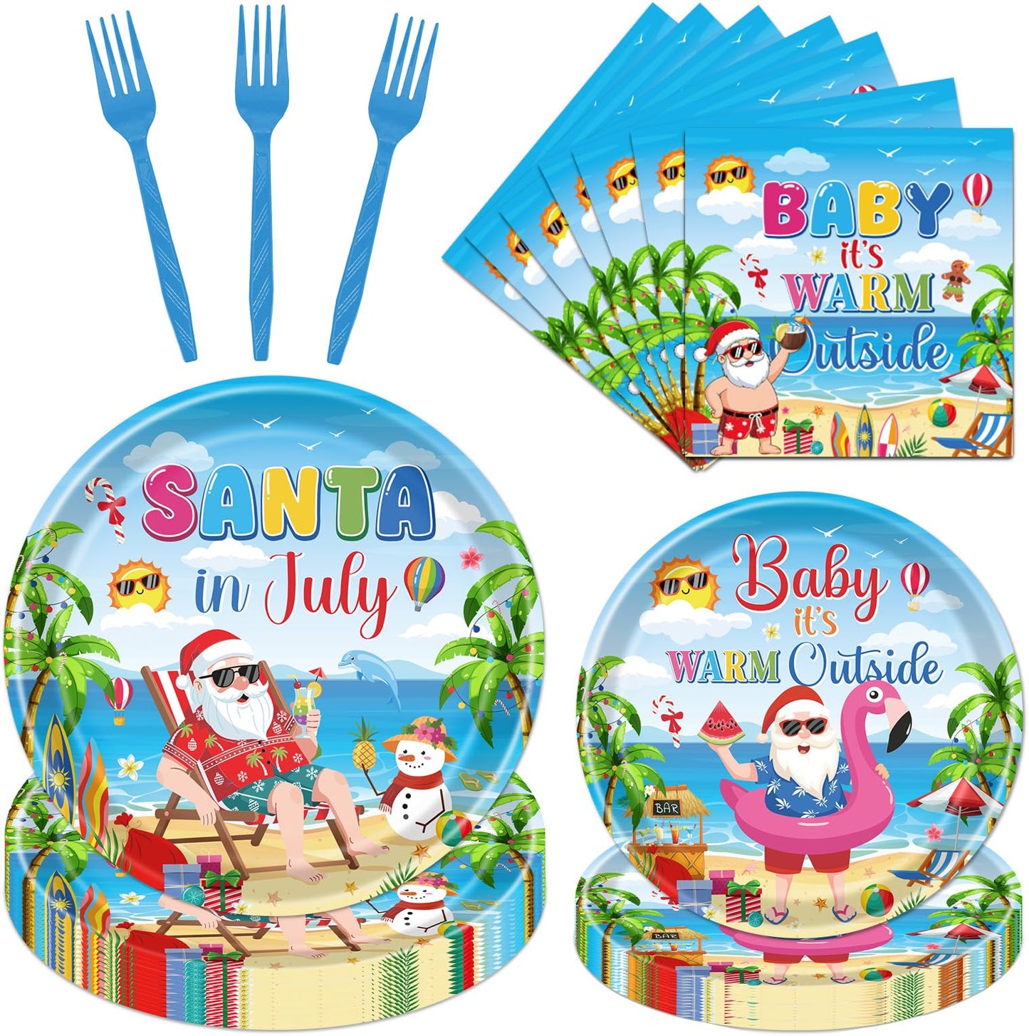 Gameza July Christmas Party Decorations Tableware, 96PCS There's Some Hohoho's in July Disposable Paper Plates and Napkins Decoration, Summer Xmas Beach Forks Decor Supplies Serves 24 BST220