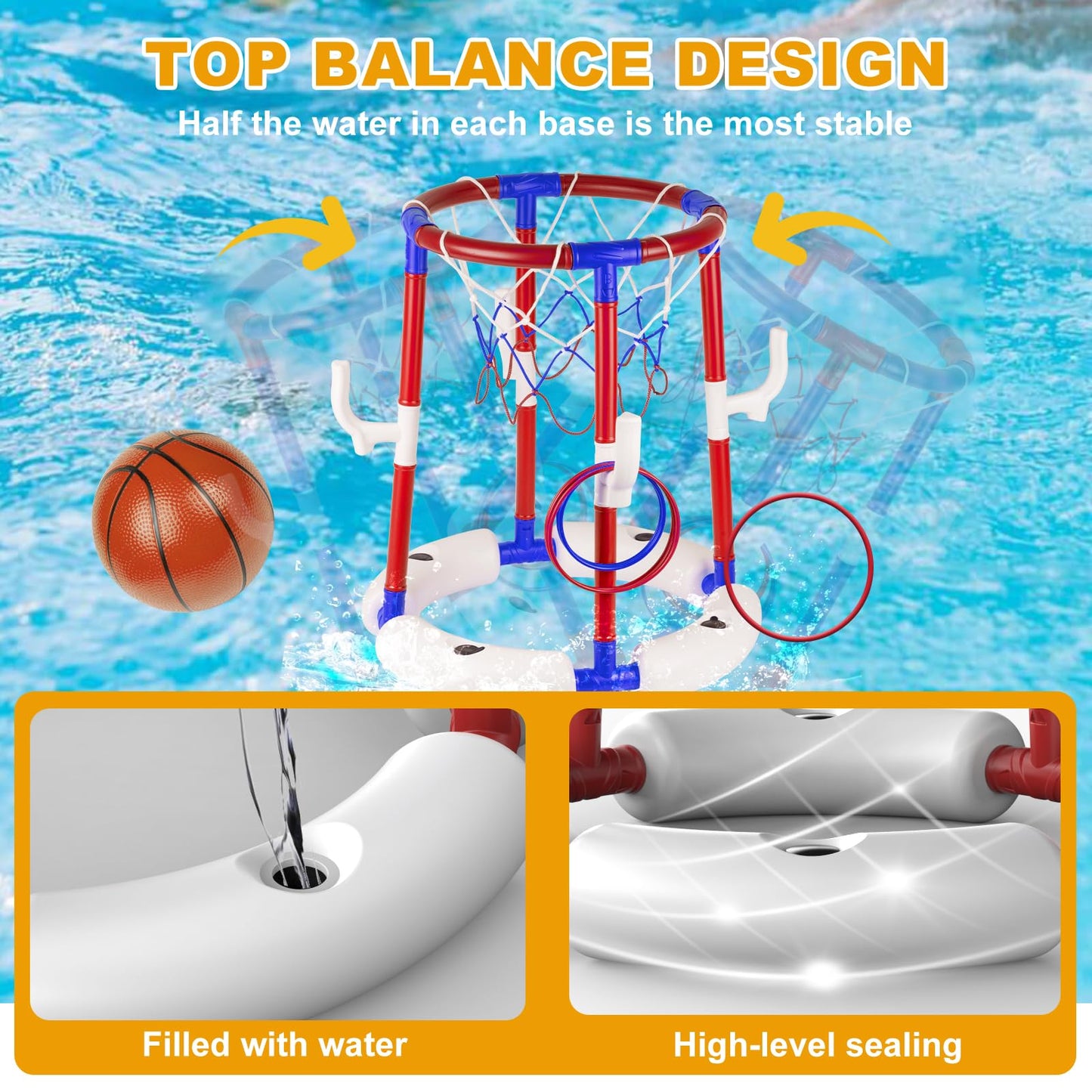 Taotuo Blue Floating Pool Basketball Hoop with Backboard, 2-in-1 Poor Toy Basketball & Ring Toss Game with 4 Balls, 6 Rings&Pump, Summer Pool Toys Outdoor Water Fun Family Party for Age 3-12 DD1210