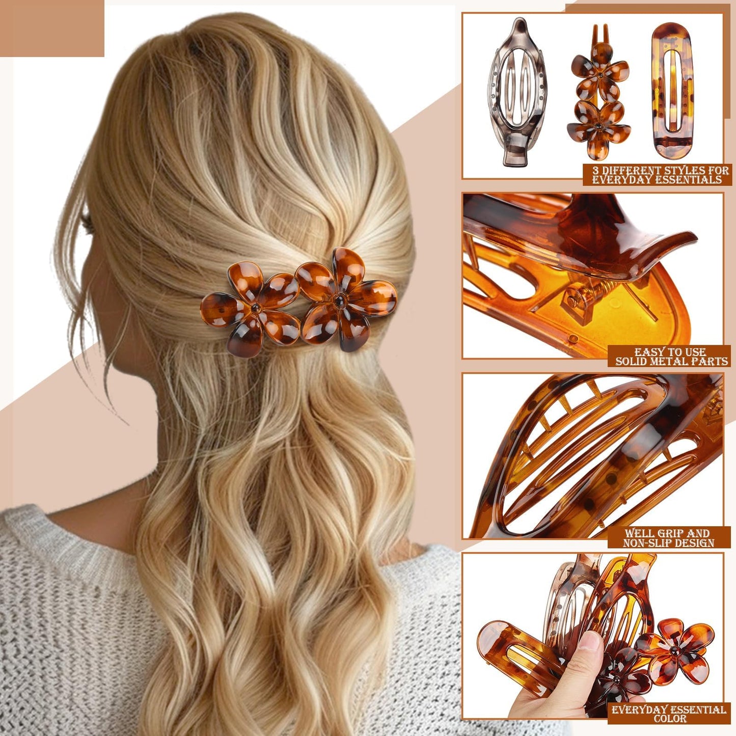 8 Pcs Flat Hair Clips for Women, 2 Styles Large Flat Claw Clips for Women, Strong Hold Non-slip French Hair Clips for Thick Thin Hair, Neutral Color WN420