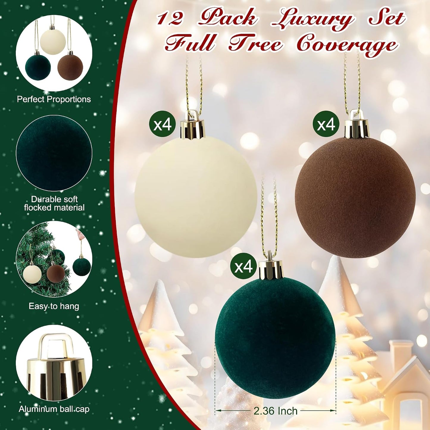 12 PCS Velvet Ornaments for Christmas Tree Decorations, Elegant Velvet Christmas Ornaments Balls, Shatterproof Xmas Decorative Hanging Ornaments(Brown, Green, Light Khaki,2.36 Inch) BST202
