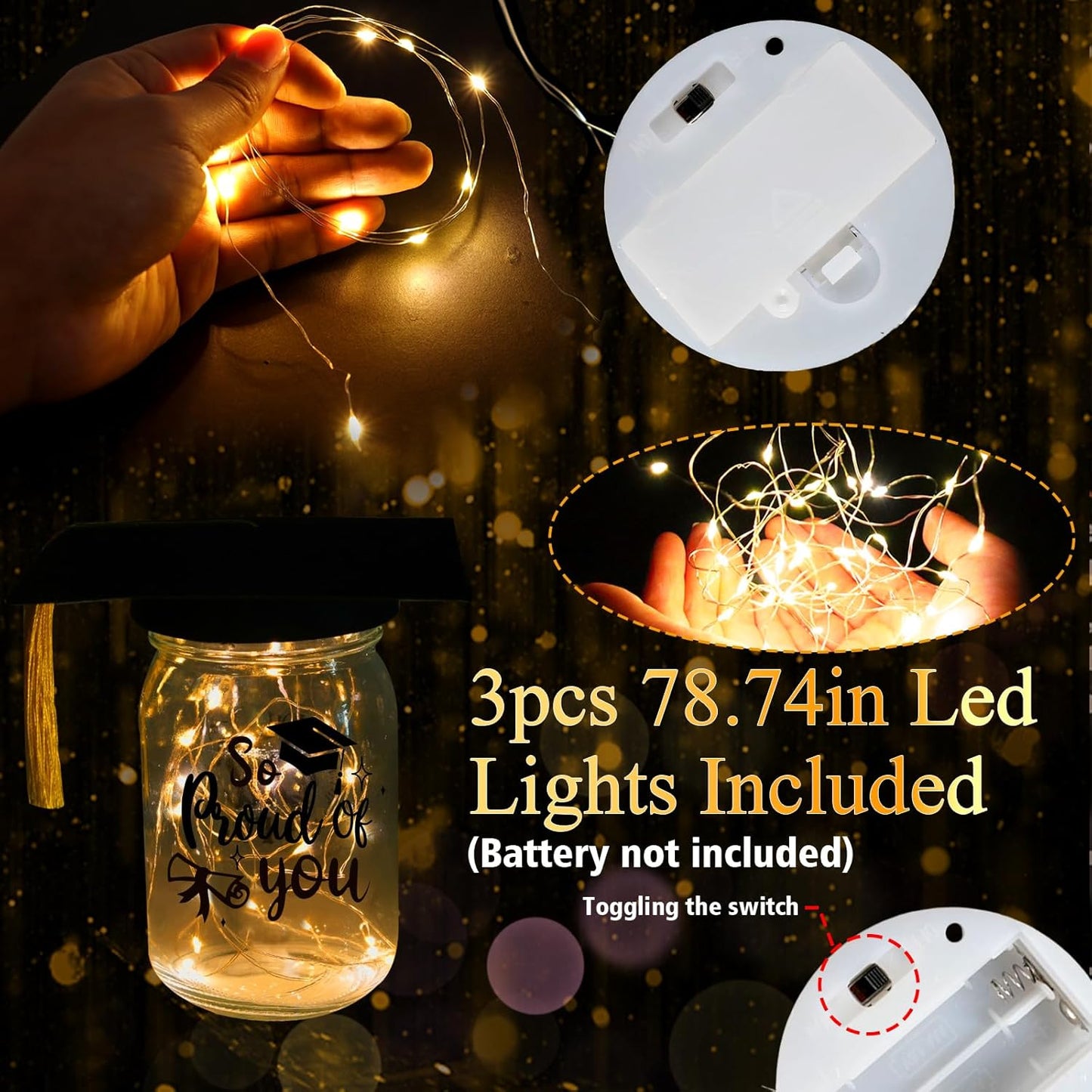 3 Sets 2026 Graduation Centerpieces for Tables, Glowing Mason Jar Centerpieces with Graduation Caps, Glowing Money Jars for College High School Congrats Grad Party Decor Supplies WN420