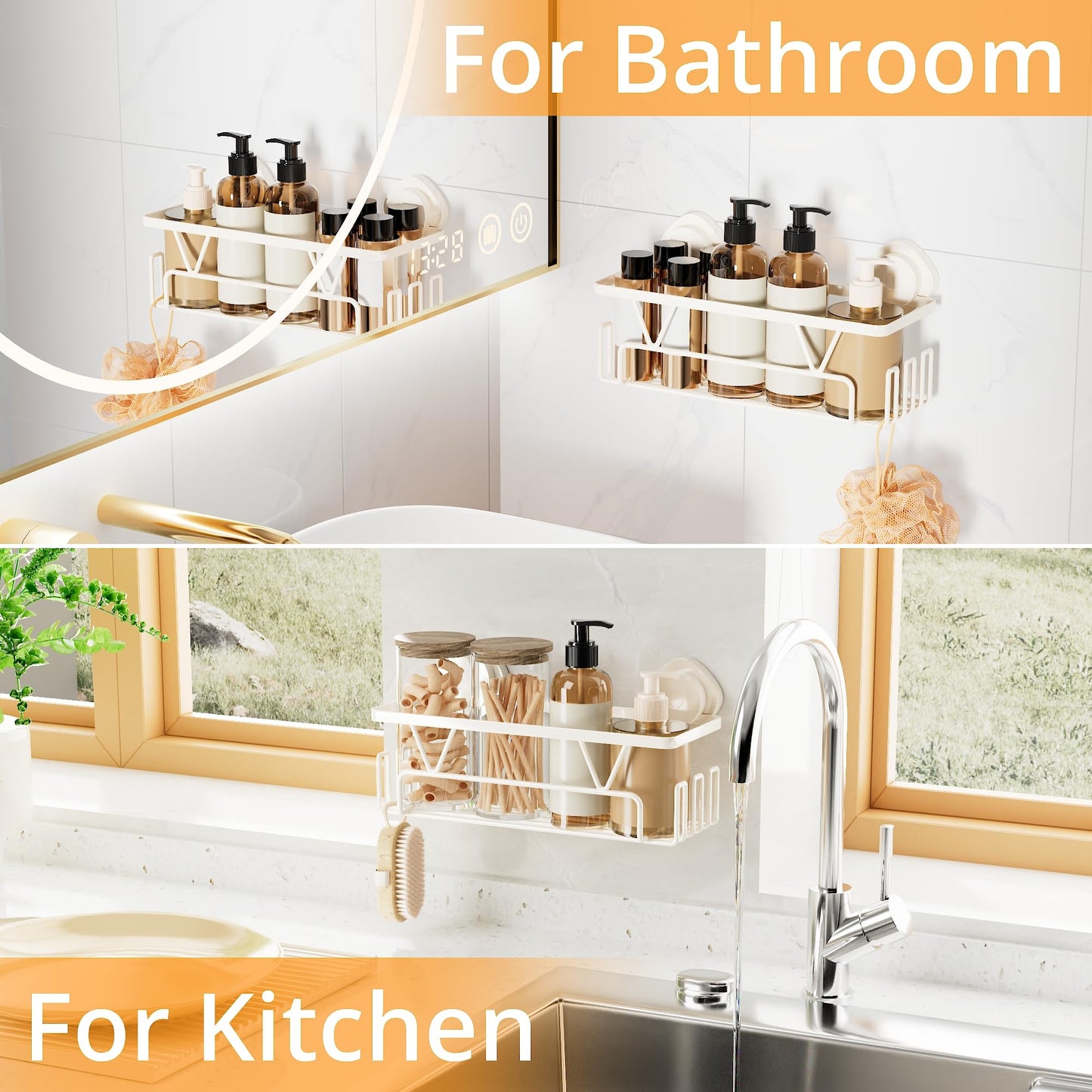 KEGII Shower Caddy Suction Cup with 6 Hooks, Stainless Steel Bathroom Organizer N29