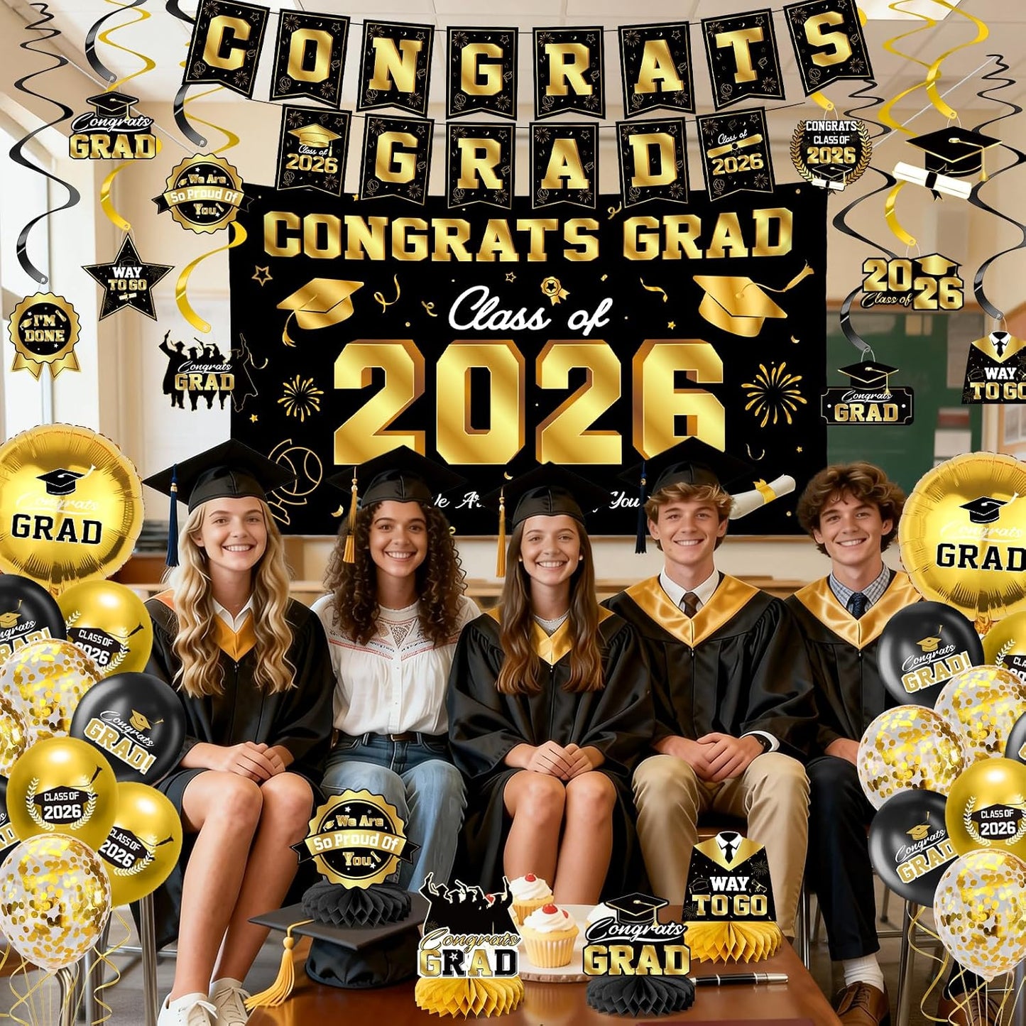 Graduation Decorations 2026-Black and Gold Graduation Party Decorations Supplies Class of 2026 with Graduation Banner, Backdrop, Balloons, Centerpieces, Hanging Swirl for Grad Party BST326H