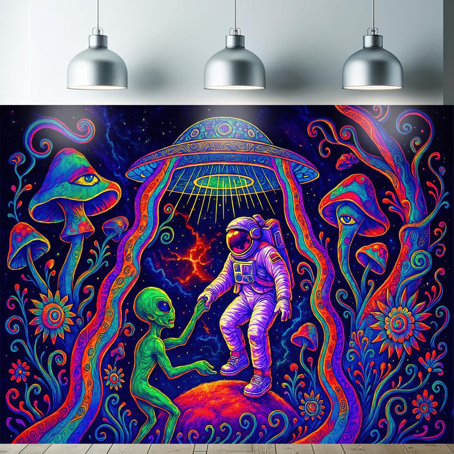 Starlit Patio Astronaut Blacklight Tapestry Trippy Forest Moon Vortex UV Reactive Galaxy Wall Hanging Psychedelic Space Poster Fluorescent Sci Fi Room Decor for Bedroom Dorm Gaming Lounge 78 x 59 Inch BST220
