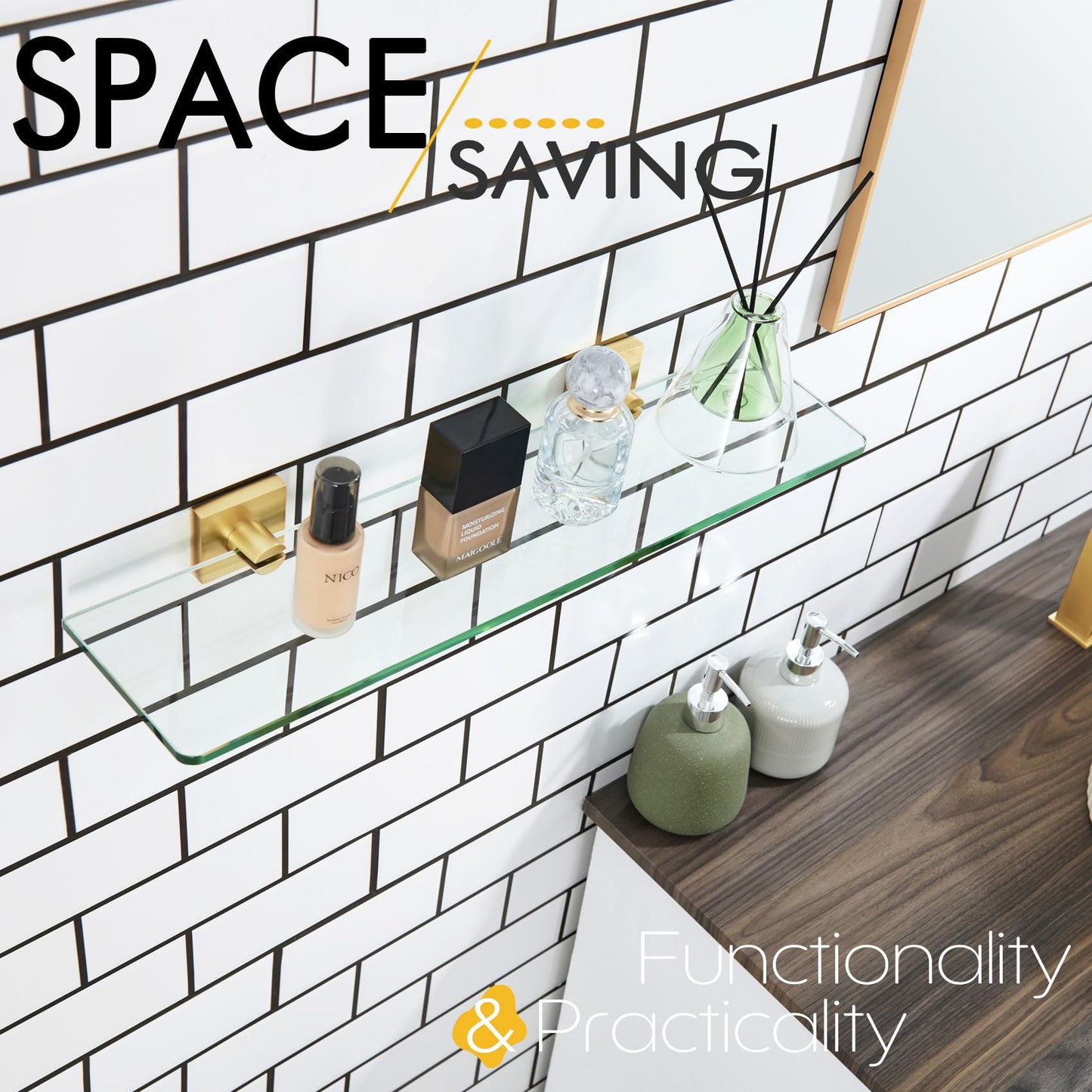 KOKOSIRI Glass Shelf for Bathrooms Floating Shelves Wall Mount 16-Inch for Shower Storage Kitchen Rack, 2 Pack Brushed Stainless Steel B1107BR-L16-P2 BST202