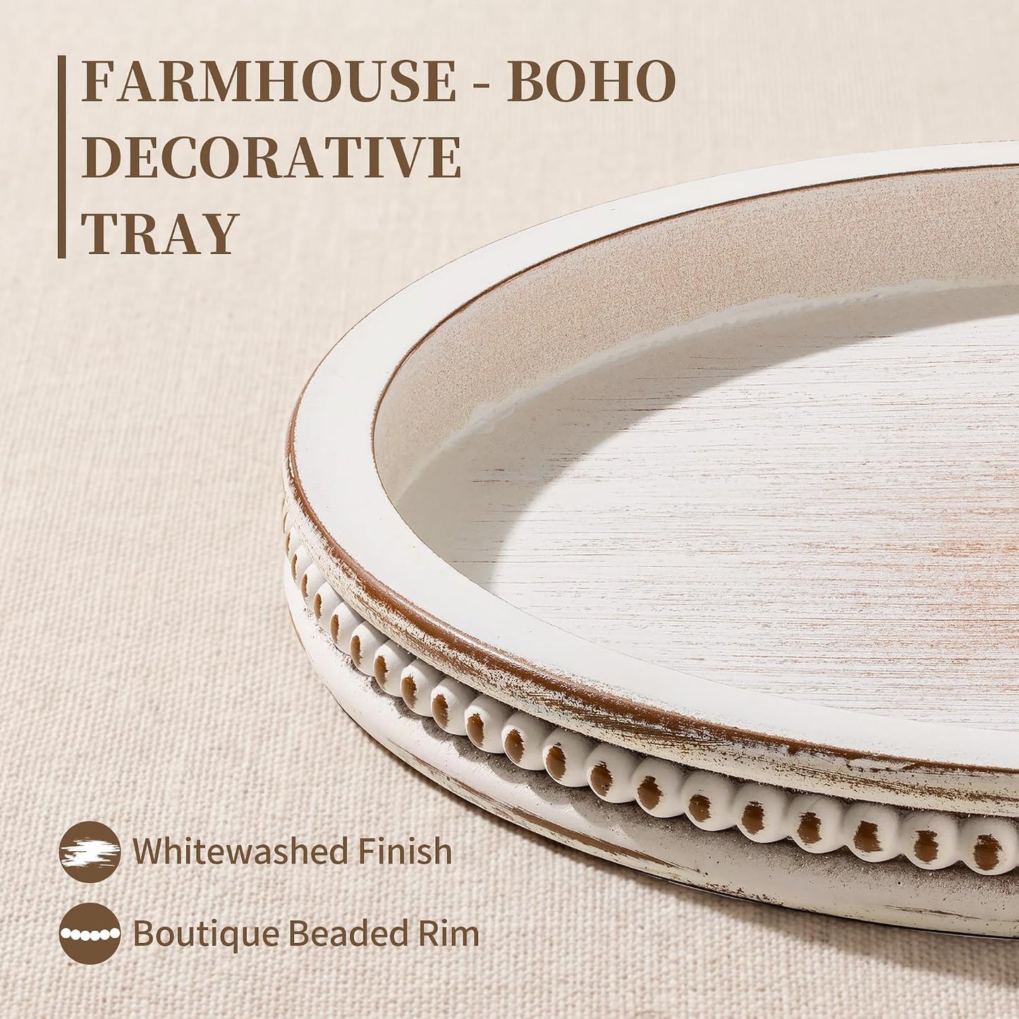 Hanobe Decorative Tray for Coffee Table: 10.5-Inch Round Whitewashed Wood Tray for Rustic Farmhouse Living Room Kitchen Island Entryway Home Decor BST326H