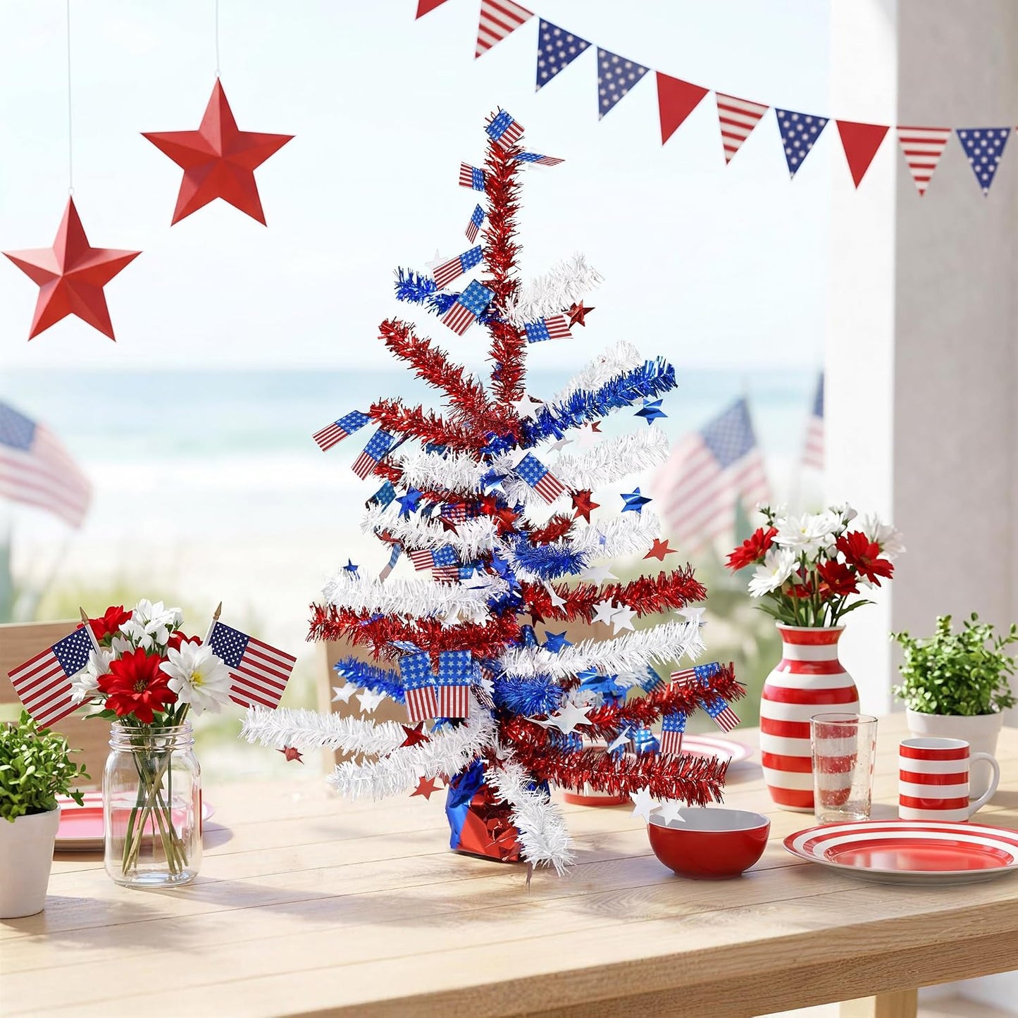 4th of July Table Centerpiece Decoration - Patriotic Tree for Tables Metallic Foil Spray Star Burst Independence Day Party Dining Home Memorial Day Supplies BST202