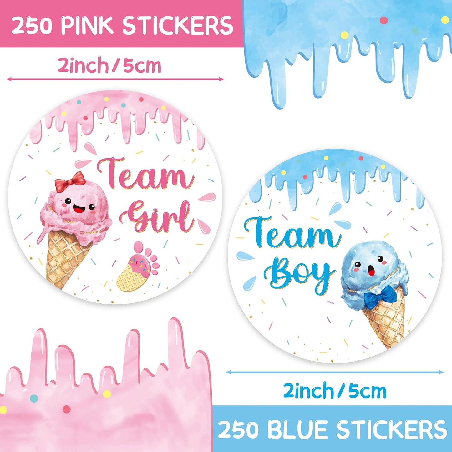 Ice Cream Gender Reveal Stickers - 500Pcs Labels for Baby Shower | 2 Inch, Team Boys or Girls, Pink or Blue Roll Decals, What's the Scoop Gender Reveal Party Decor Voting Game Idea Goodie Bags BST202