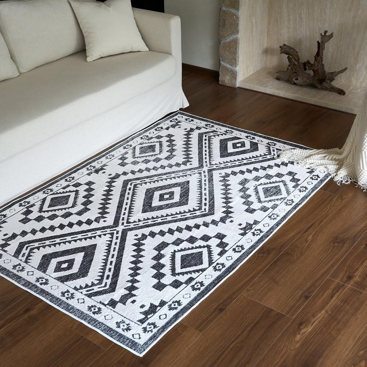 Moroccan Washable Area Rug 3x5, Geometric Tribal Decorative Woven Rug, Non-Slip Boho Farmhouse Soft Low-Pile Area Rug for Living Room Bedroom Nursery Dining Table, Dark Brown/White BST326H