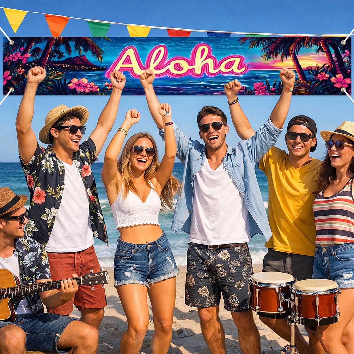 BlissYard Hello Summer Banner 118 x 20 Inch Pool Party Decorations Beach Surfboard Watermelon Tropical Fence Sign Hawaiian Luau Outdoor Backyard Wall Decor BST220