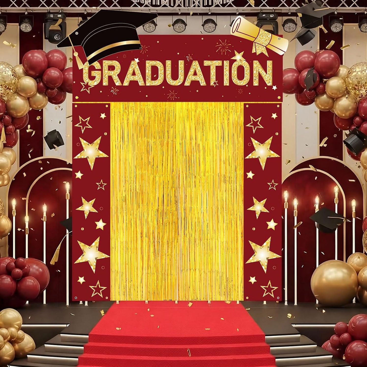 HunnmingRe 7 Pcs 2026 Graduation Party Decoration Include Class of 2026 Graduation Door Porch Banner, Gold Fringe Curtain, Red Carpet, Grad Photo Backdrop for College School(Red) BST202