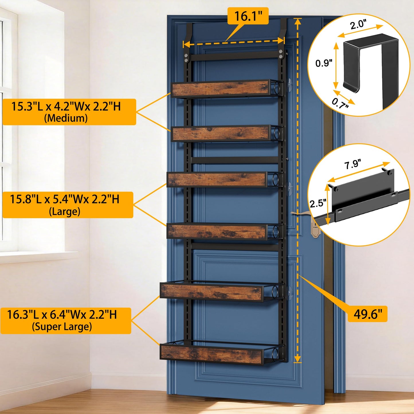 8 Tier Over The Door Pantry Orangizer 2 IN 1 Wall Mounted or Hanging Spice Rack with Adjustable Wood Basket,Heavy Duty Seasoning Storage Shelf for Kitchen Pantry and Bathroom BST220