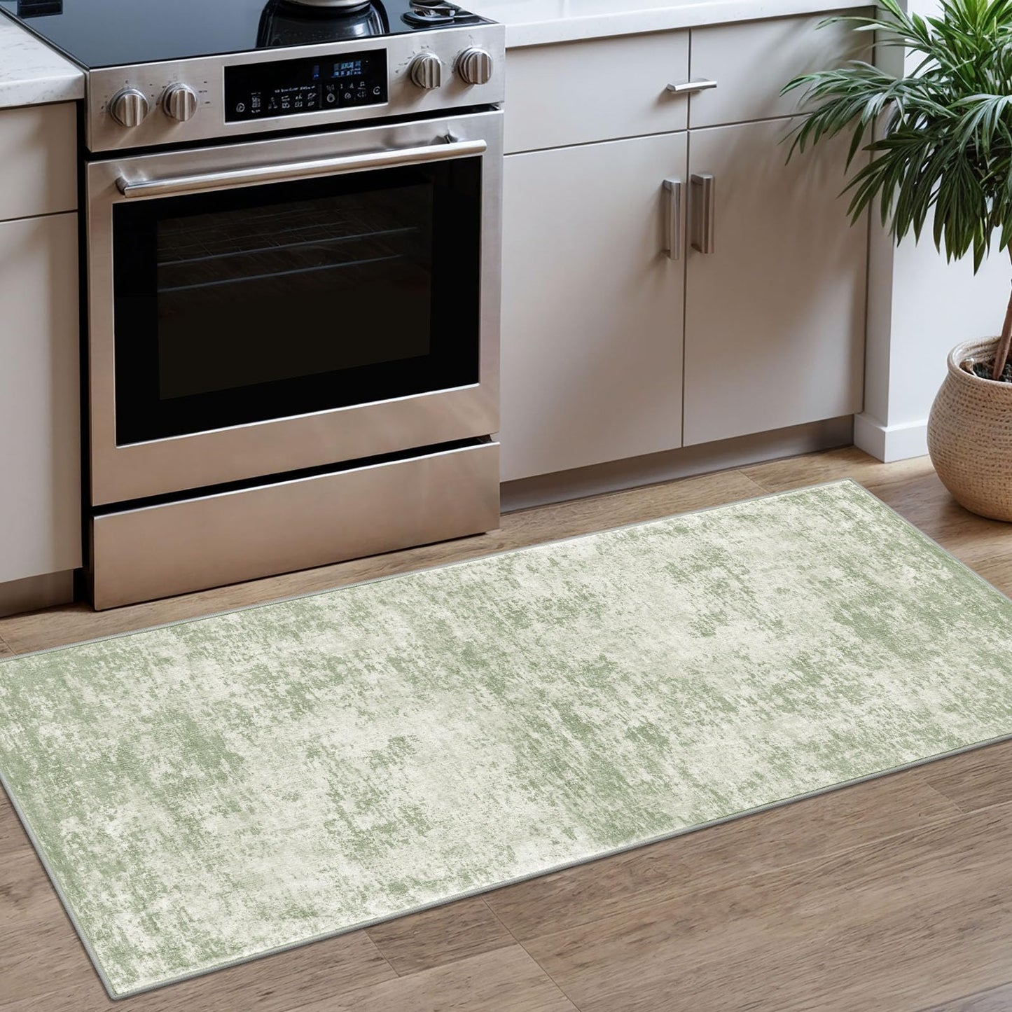 Lansny Modern Abstract Runner - 2x5, Beige Grey Washable Kitchen Entryway Rug Mat Non-Slip Soft Neutral Hallway Rug Thin Print Faux Wool Carpet for Bedroom Laundry Room Indoor BST220