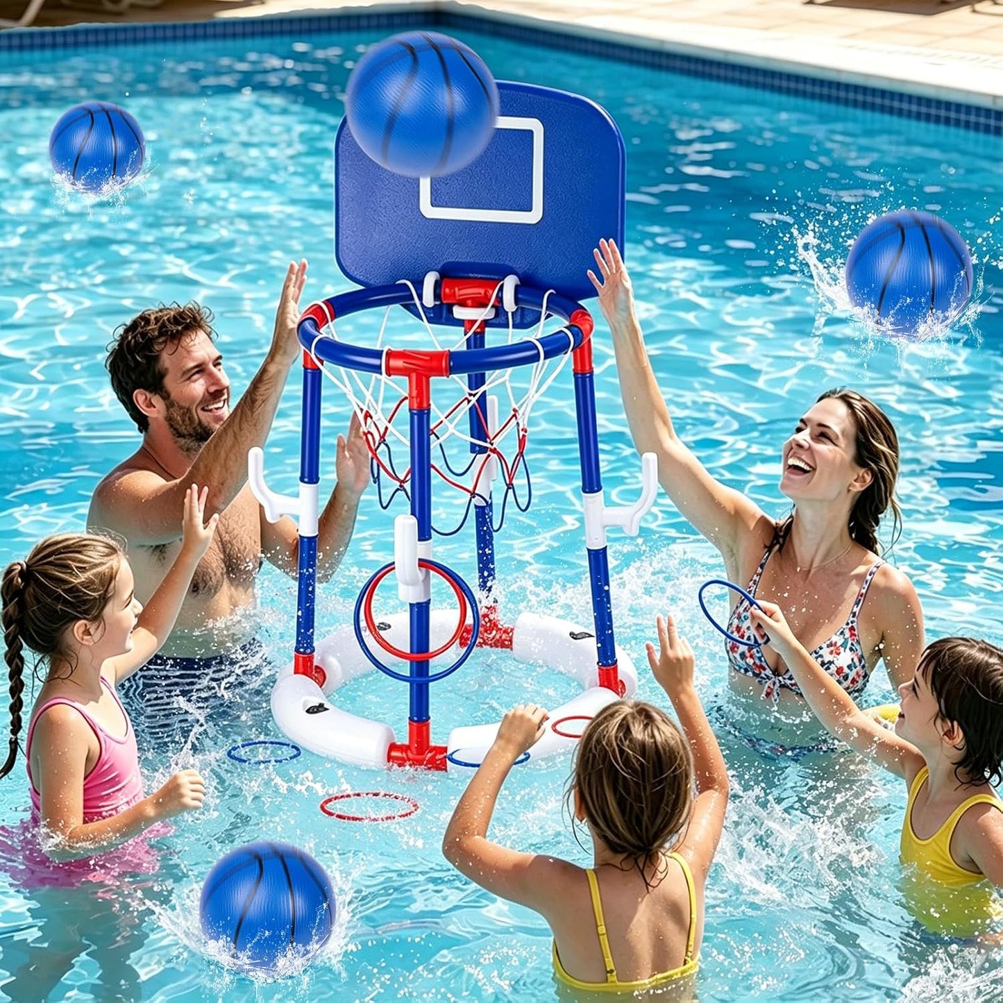 Taotuo Blue Floating Pool Basketball Hoop with Backboard, 2-in-1 Poor Toy Basketball & Ring Toss Game with 4 Balls, 6 Rings&Pump, Summer Pool Toys Outdoor Water Fun Family Party for Age 3-12 DD1210