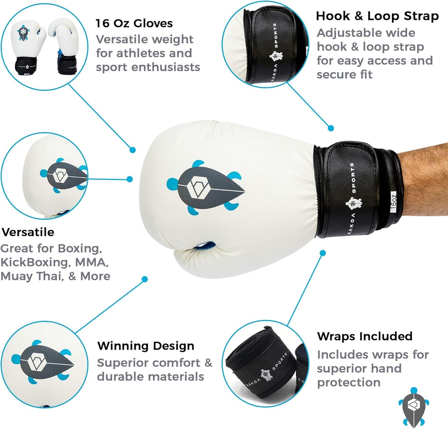 Boxing Gloves & Hand Wraps Set for Women and Men -16oz - Perfect for Boxing, Muay Thai, Kickboxing, MMA Training, Heavy Bag, & Punching Bags - Sparring Gloves (White)