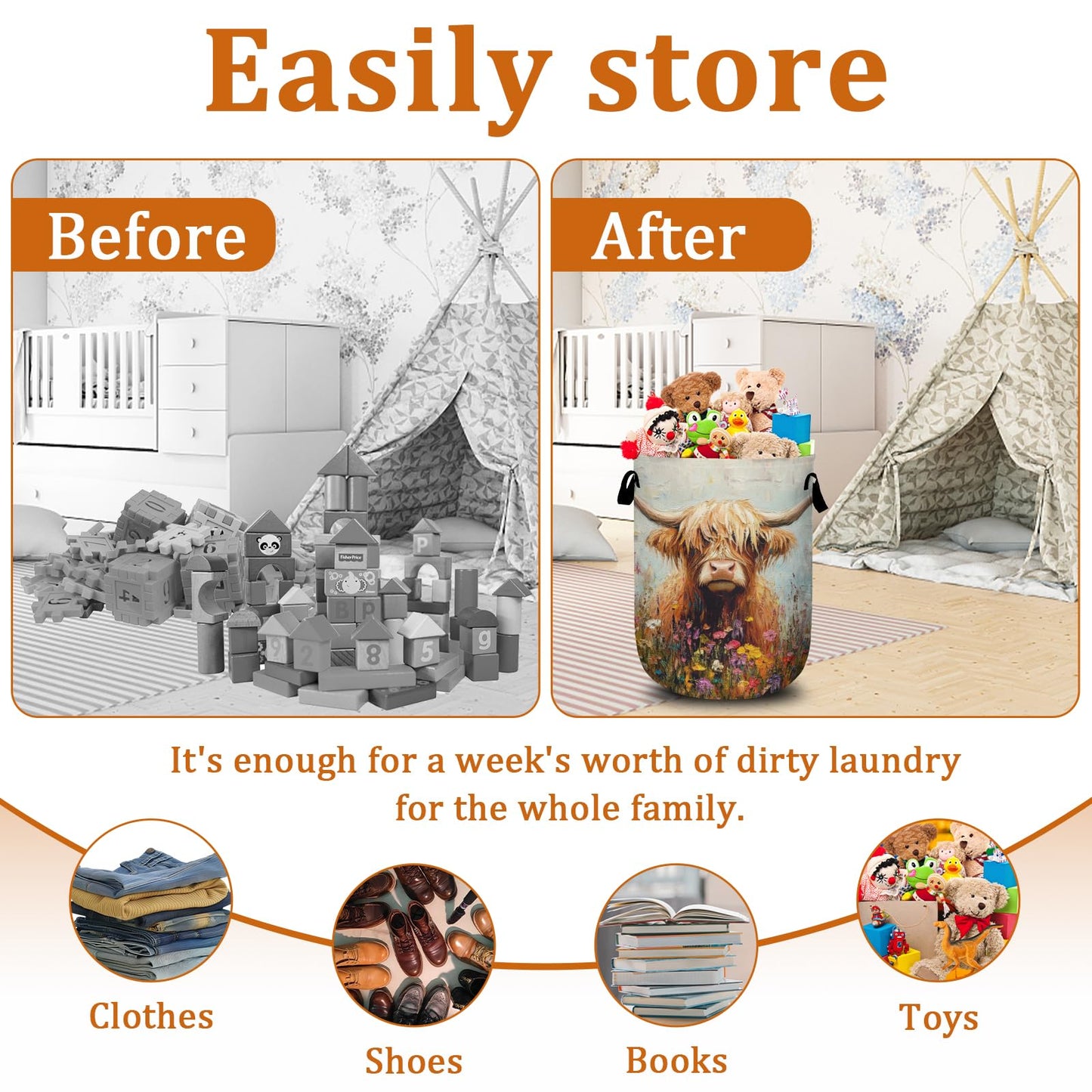 Nature Cow Print Laundry Basket with Sturdy Handles, Cow Skin Collapsible Oxford Cloth Laundry Hamper Organizer Basket for Bathroom Bedroom 15.7x20 Inch BST220