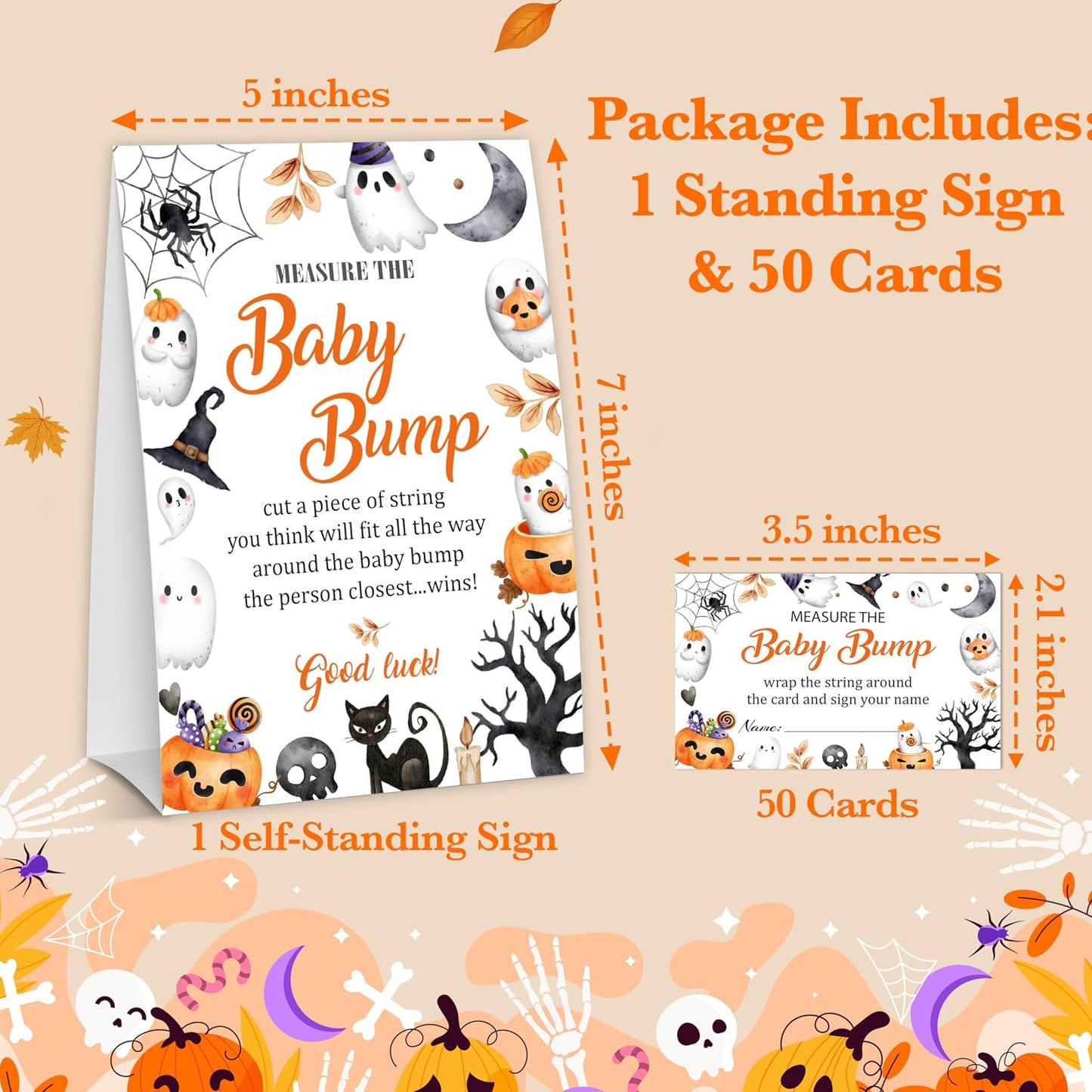 Halloween Baby Shower Measure The Baby Bump, 1 Self-Standing Sign + 50 Tickets for Little Ghost Gender Reveal Announcement Party Favor Supplies - D12 BST326L