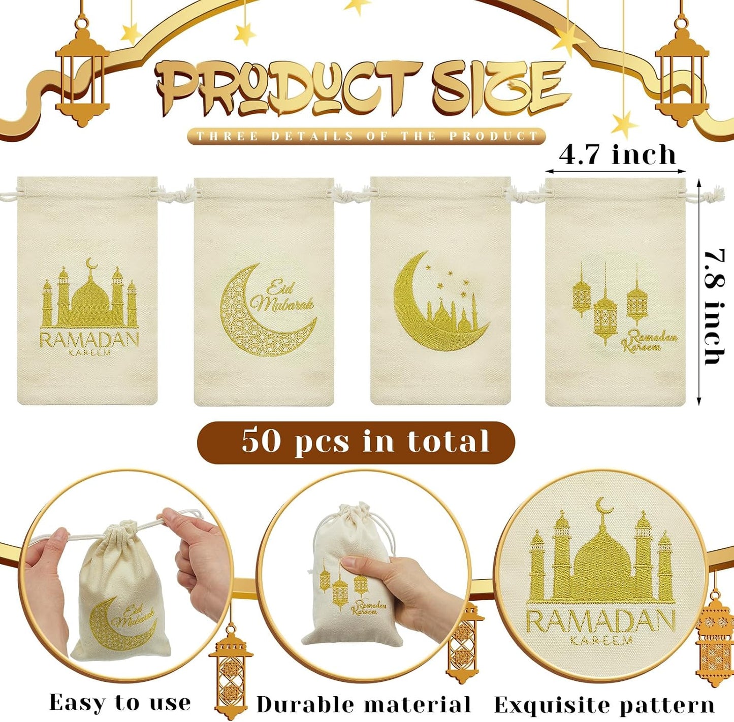Photect 50 Pcs Islamic Burlap Bags Eid Al-adha & Qurbani Islamic Gift Bags Small Drawstring Pouch for Muslim Eid Al-adha Party Decorations, 4.7 x 7.8 Inch BST202