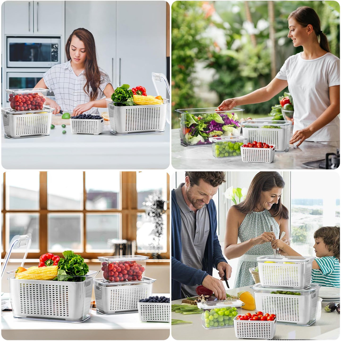 LUXEAR 4 Pack Fruit Vegetable Containers for Fridge, Produce Saver Container with Lids &Removable Colander BPA-free Refrigerator Storage Organizer for Fruit Vegetable, Berry, Meat keep Fresh Longer DD1210