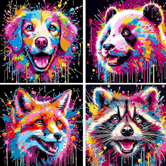FLAJZ 4 Pack Paint by Numbers Kit for Kids, Animals Paint by Number Kits for Kids Ages 4-8, DIY Color Canvas Painting Animal Acrylic Oil Painting Suitable for Home Decoration 8x8 Inch WN420