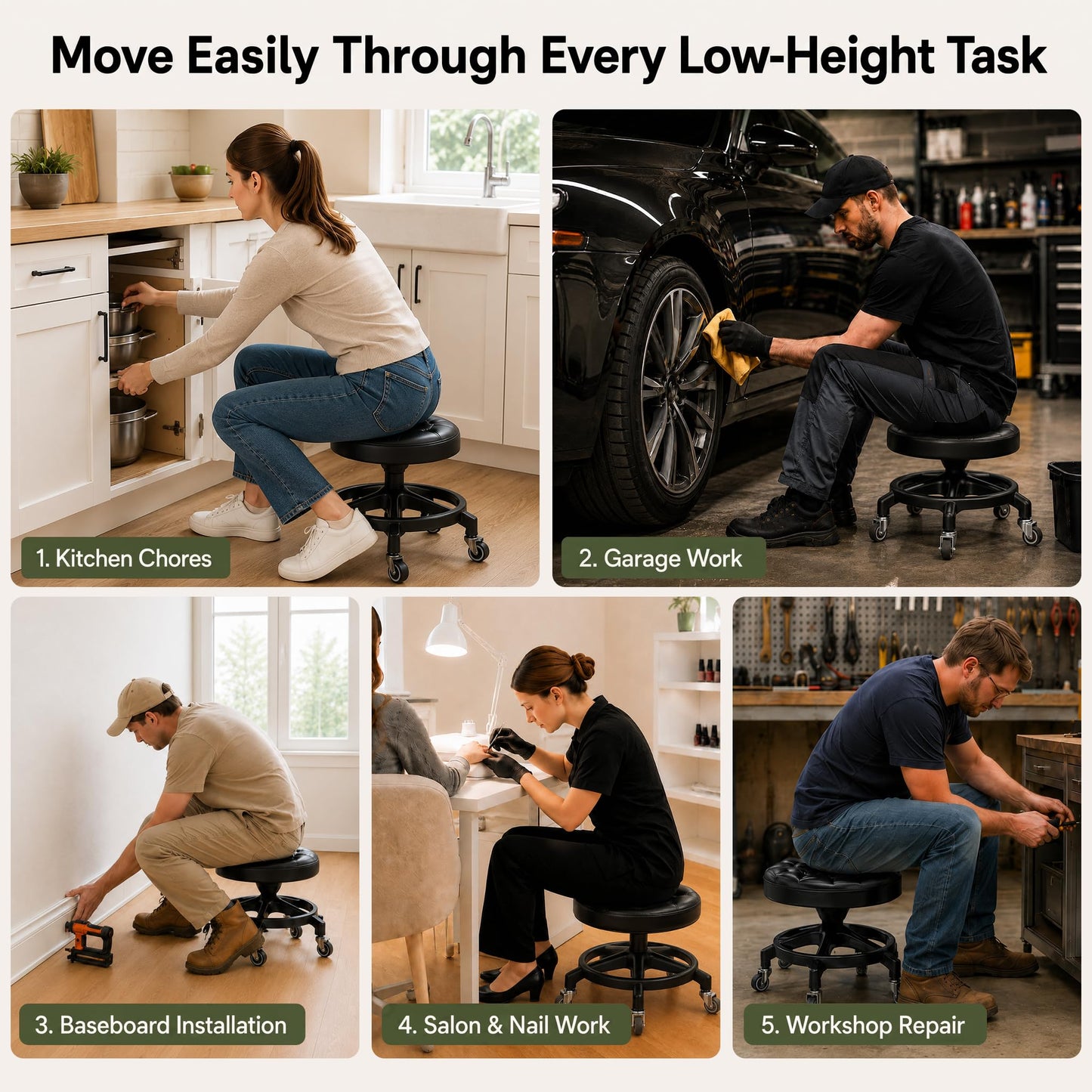 Low Rolling Stool with Smooth & Quiet Bearing Rubber Wheels, Heavy Duty 600 lb Capacity Mechanics Rolling Seat for Garage, Salon, Cleaning & Auto Repair, Black Seat with Black Frame WN420