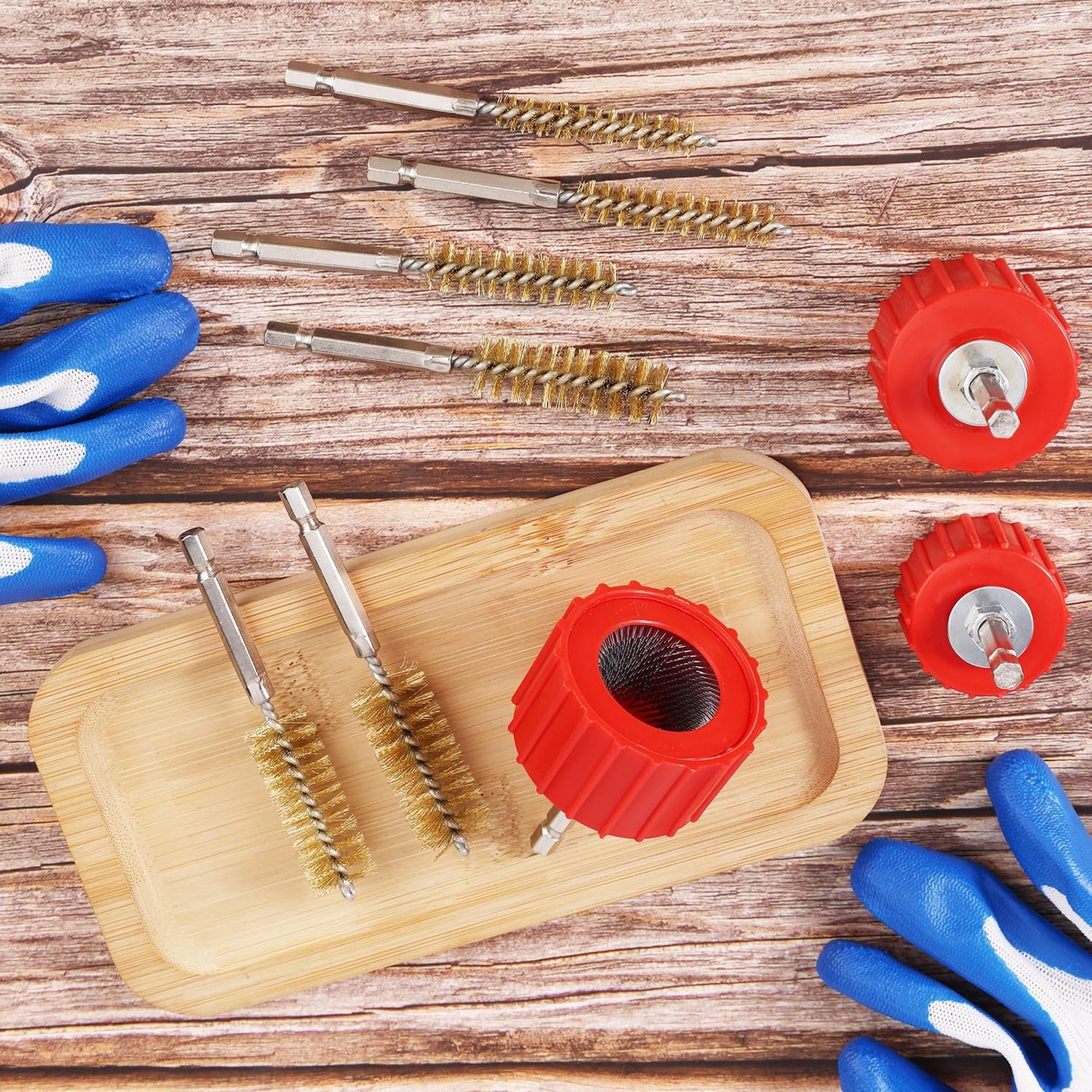 9-Piece Copper Pipe Cleaner Kit for Power Drill, 1/2" 3/4" 1" Alloy Tube Cleaning Brush & 6pcs Wire Bore Brush Fitting Tool with Gloves for Brass & Bronze Pipes Soldering Maintenance BST326H