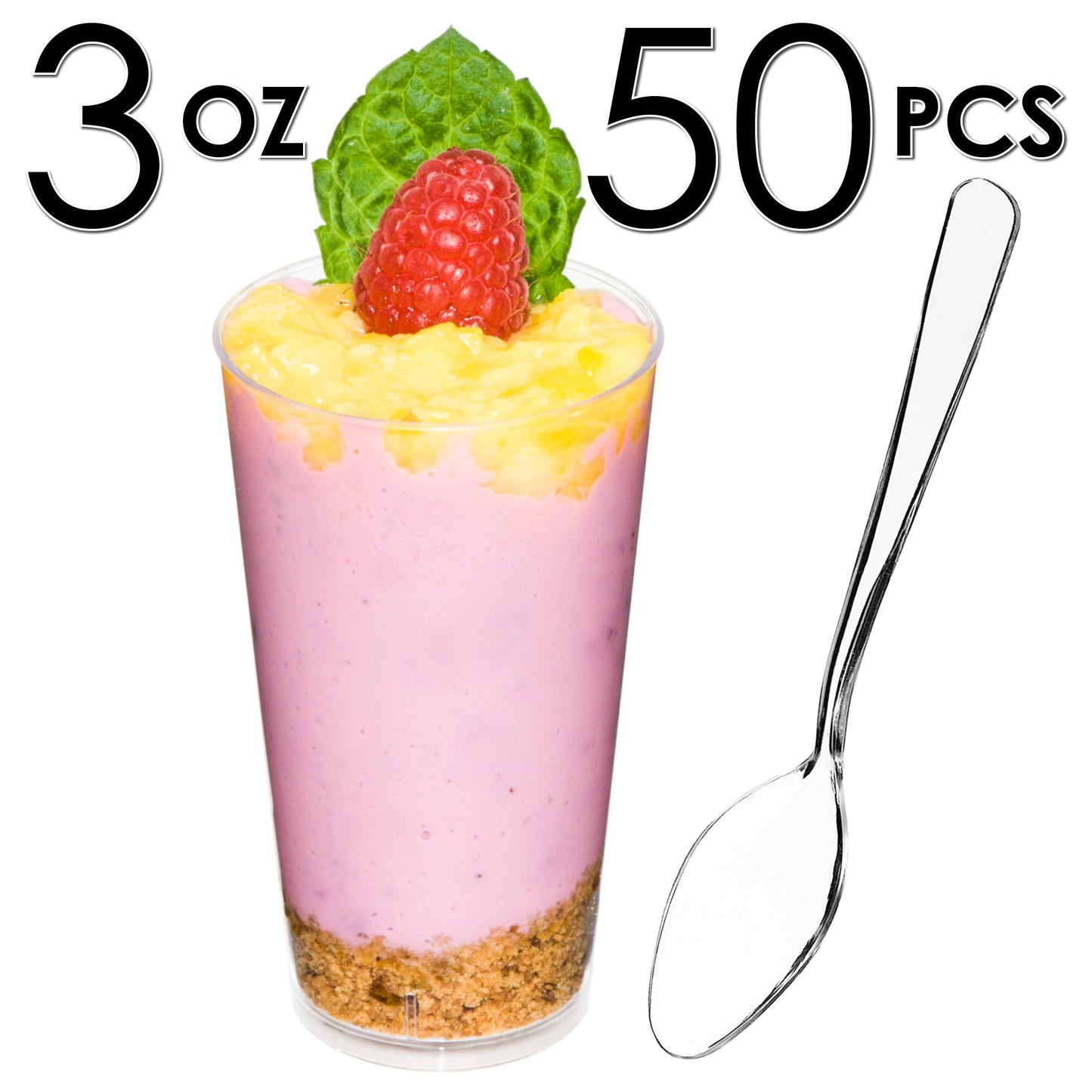 DLux 100 x 3 oz Mini Dessert Cups with Spoons, Shooter - Clear Plastic Parfait Appetizer Cup - Small Reusable Shooter Glass for Tasting Party Shooters Desserts Appetizers - With Recipe Ebook BST220