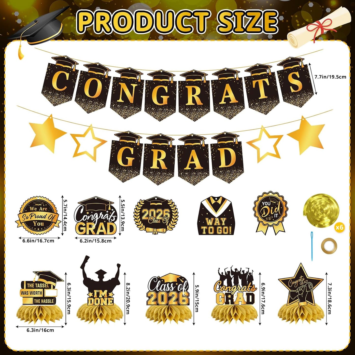 Graduation Decorations 2026, Class of 2026 Graduation Party Decorations Set, Congrats Grad Banner, Hanging Swirls & Table Centerpiece Decorations, Black and Gold Graduation Decor for Home School Party BST326L