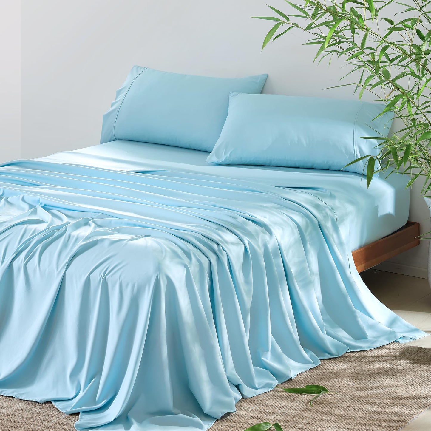 4 Piece Twin Size Sheet - Cooling Bed Sheets Set, Blend Rayon Derived from Bamboo, Breathable Soft Hotel Luxury Bedding & Pillowcases, Silky Fit 16 inch Extra Deep Pocket, Oeko-Tex - Olive Green BST326H