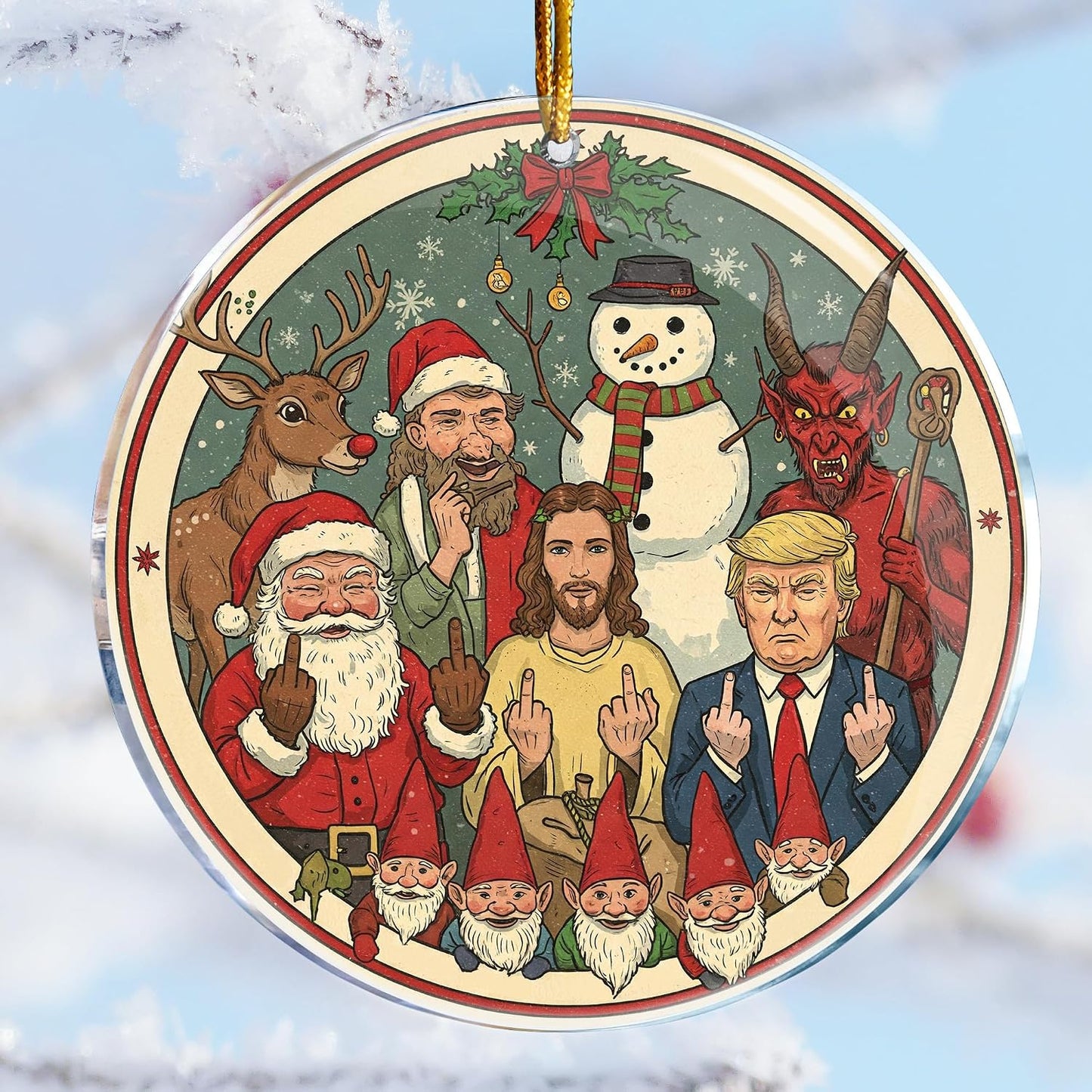 Santa Jesus Gnomes Rudolph Snowman Krampus Middle Finger Naughty Double Bird - Christmas Ornaments - Christmas Decorations - 3.6 in Acrylic - Funny Gag Gifts - White Elephant - Stocking Stuffers BST220