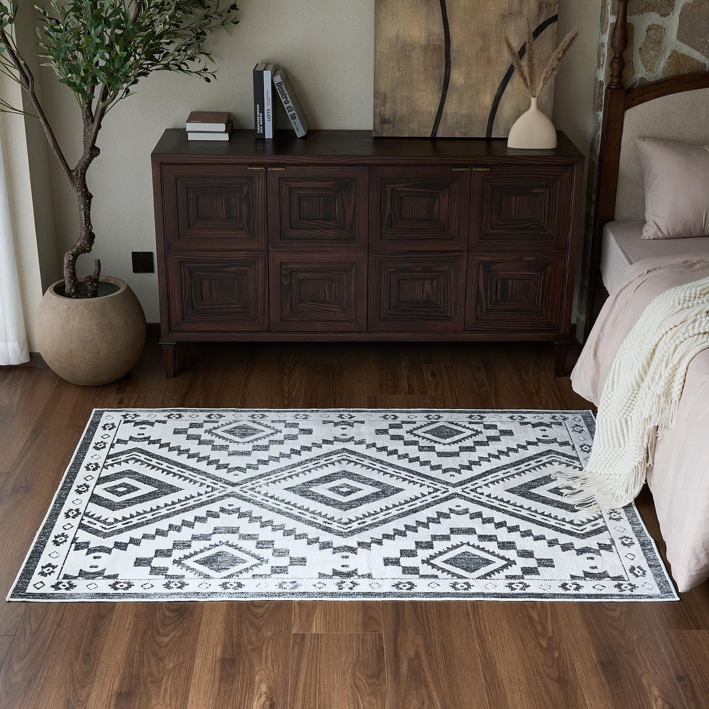 Moroccan Washable Area Rug 3x5, Geometric Tribal Decorative Woven Rug, Non-Slip Boho Farmhouse Soft Low-Pile Area Rug for Living Room Bedroom Nursery Dining Table, Dark Brown/White BST326H