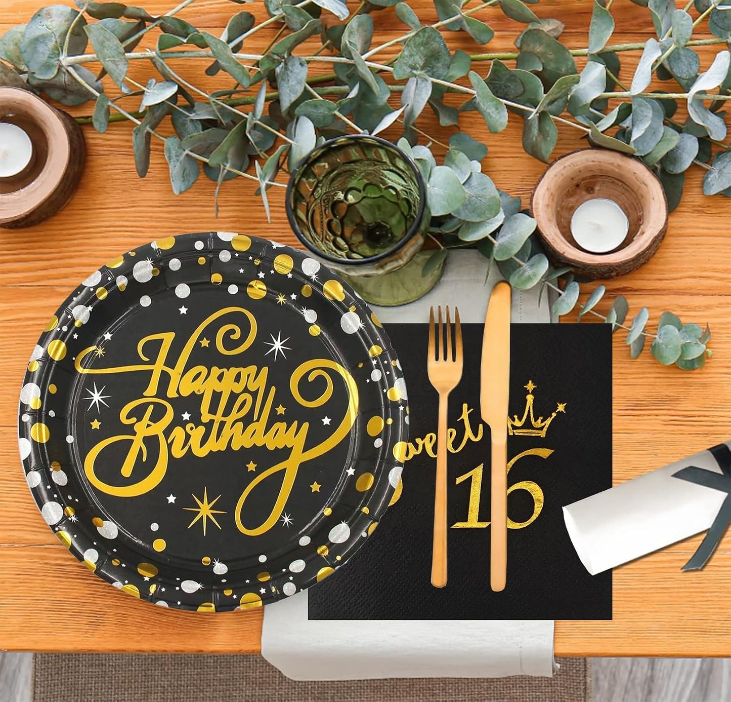 16th Birthday Party Supplies Disposable Tableware Napkins and Plates,Black and Gold Napkins and Plates Set for 16th Girl Birthday Party Decoration Service 20 BST326L