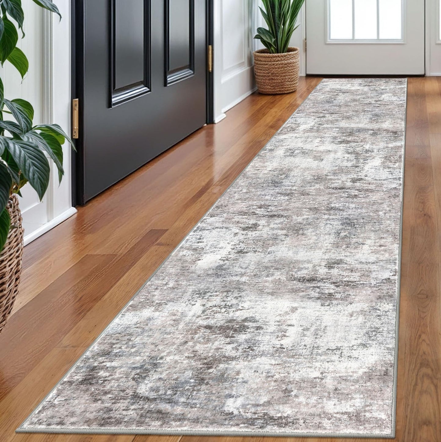 Lansny Modern Abstract Runner - 2x5, Beige Grey Washable Kitchen Entryway Rug Mat Non-Slip Soft Neutral Hallway Rug Thin Print Faux Wool Carpet for Bedroom Laundry Room Indoor BST220
