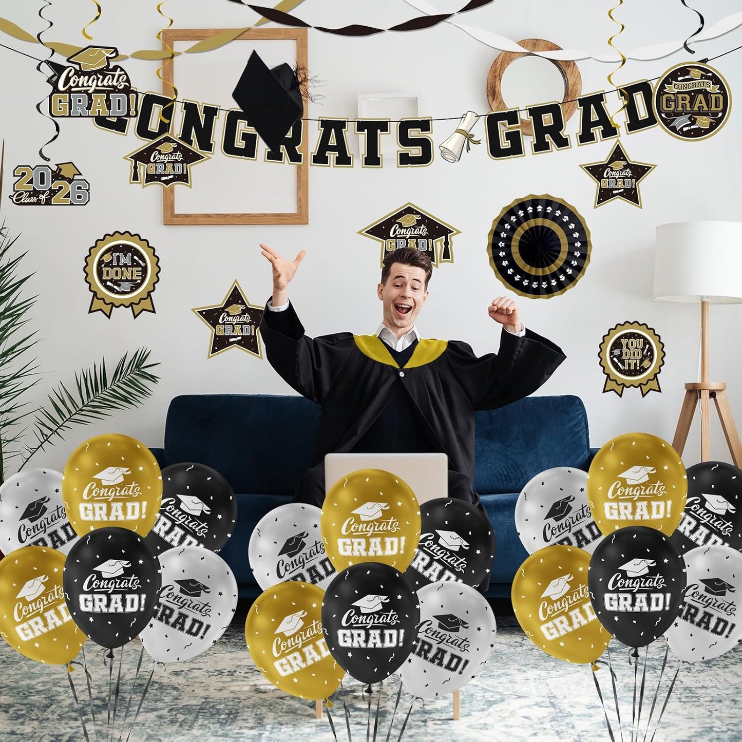 Black and Gold Themed 2026 Graduation Decorations Set - Congrats Grad Banner, Class of 2026 Backdrop, Balloons & Streamers Kit - Graduation Party Supplies for High School & College Celebrations BST326H