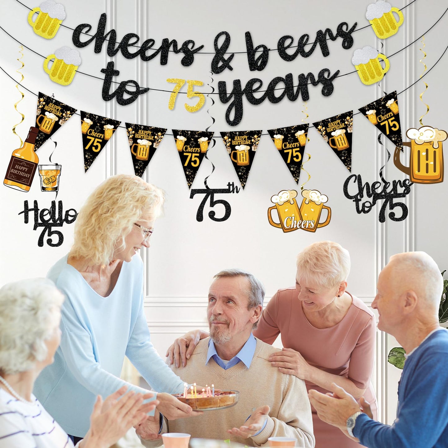 Black Gold 90th Birthday Decorations for Men Women, Glitter Pre-Strung Cheers to 90 Years Banner Hello 90 Hanging Swirls Paper Triangle Flag Banner Decorations Bday Party Supplies Kit WN420