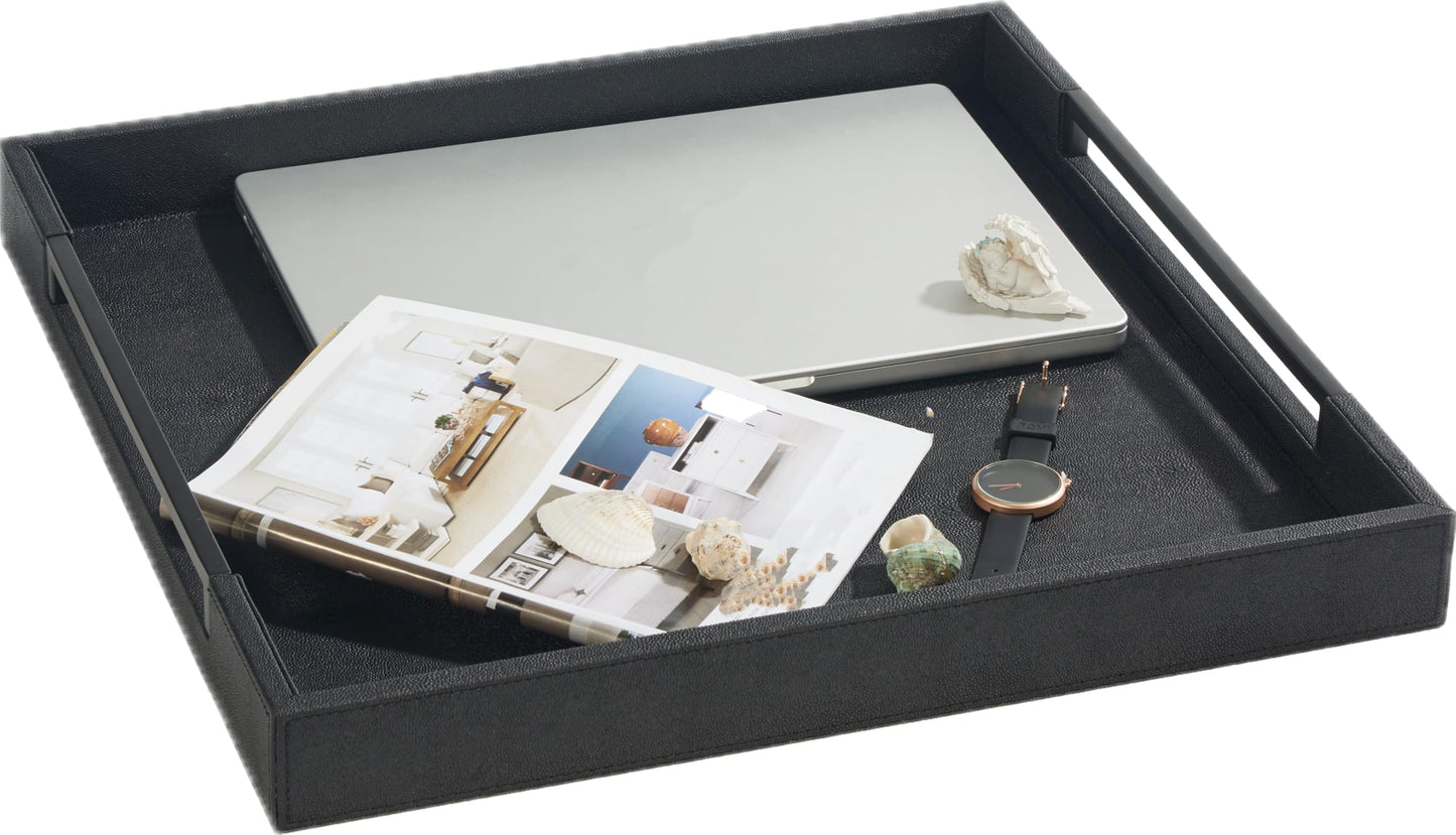 Sagala 16"x16" Ivory Shagreen Leather Serving Tray with Handles for Ottoman Coffee Table, Stylish Decorative Tray for Living Room Modern Home Decor (Ivory-Black, Square 16") BST220