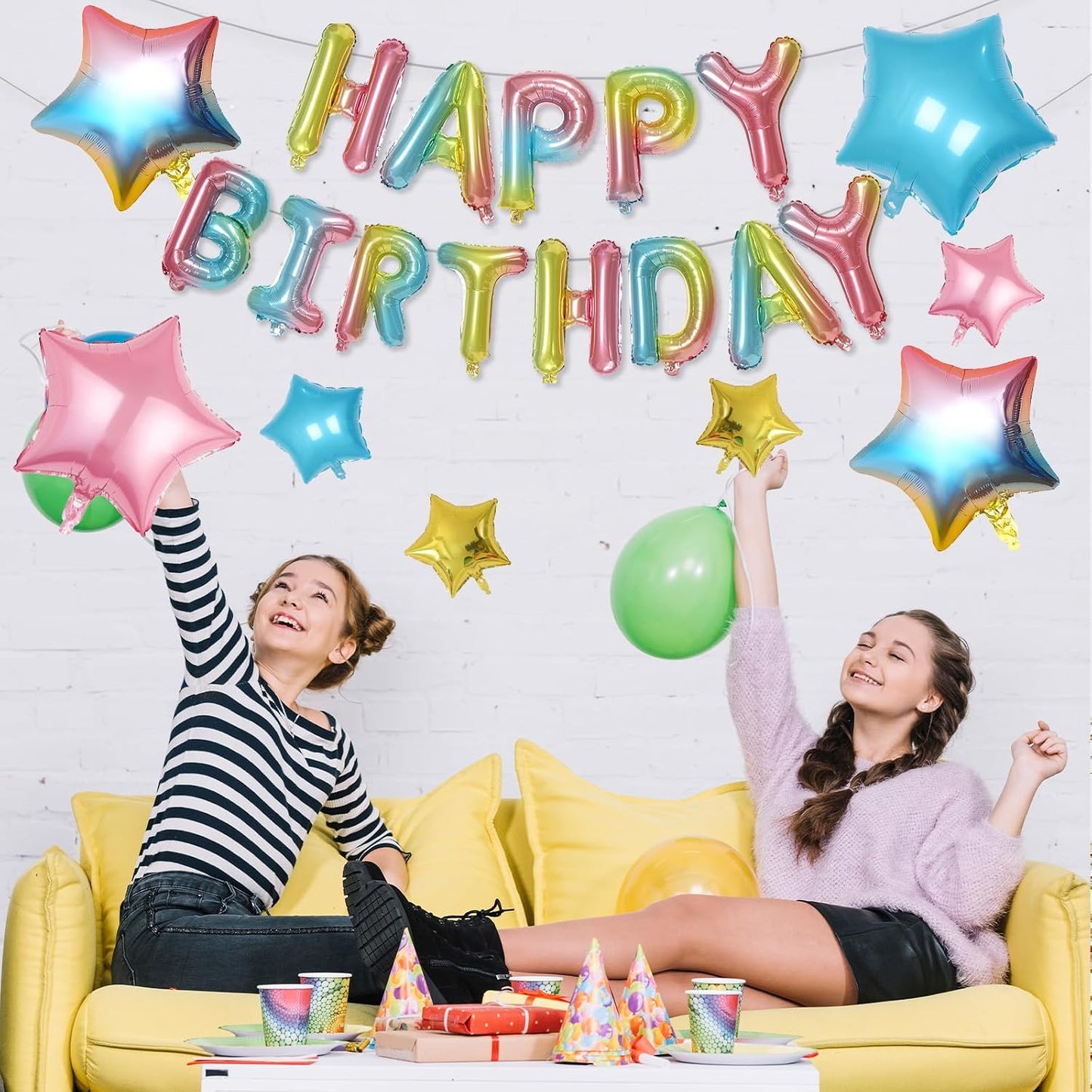Happy Birthday Balloons Banner, Rainbow Happy Birthday Foil Balloons 16 Inch Foil Letter Balloon with 8 Pcs Gradient Blue Pink Star Balloon for Women Men Boys Girls Birthday Party Decoration WN420