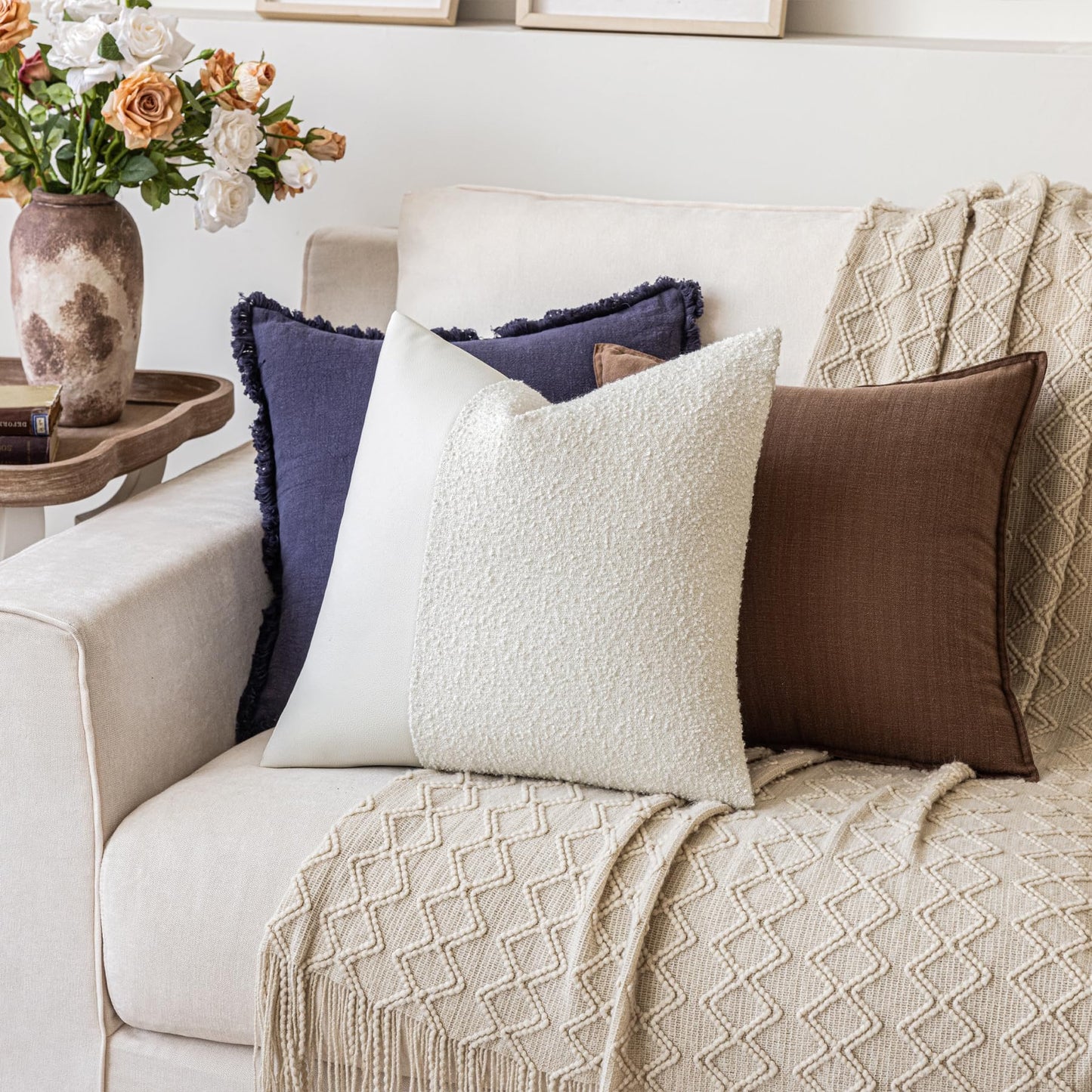 Set of 2 Fluffy Boucle Pillow Covers 18"x18", Oatmeal Textured Throw Pillow Covers with Faux Leather Accents, Boho Decorative Pillow Cases for Couch, Bed, or Farmhouse Home Decor BST220