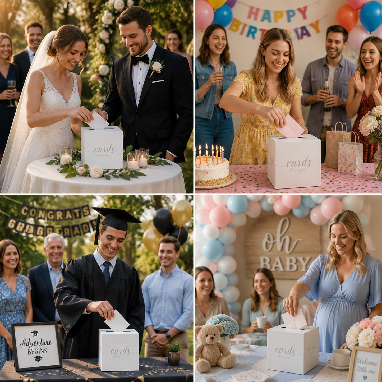 1 Pack White and Gold Wedding Card Box for Party Graduation Bridal Baby Shower Retirement Decorations Cardboard Birthday Card Holder Raffle Ballot Voting Box with Slot 7.8 x 7.8 x 7.8 In BST220