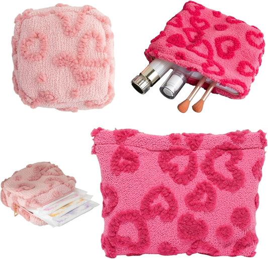 2 PCS Fluffy Heart Makeup Bag Cute Plush Coin Wallet Fashion Cosmetic Organizer Pouch with Zipper Portable Travel Make up Toiletry for Women Girls Valentine's Day Mother's Day, Birthday（Large + Small） BST326L