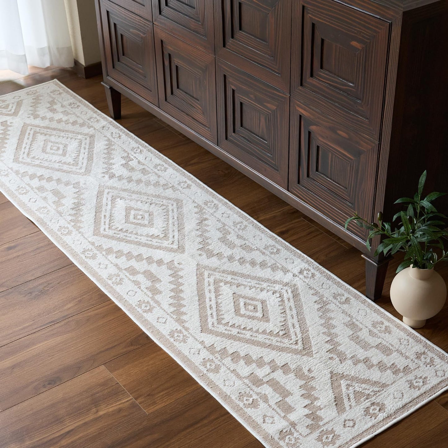 Moroccan Washable Area Rug 3x5, Geometric Tribal Decorative Woven Rug, Non-Slip Boho Farmhouse Soft Low-Pile Area Rug for Living Room Bedroom Nursery Dining Table, Dark Brown/White BST326H