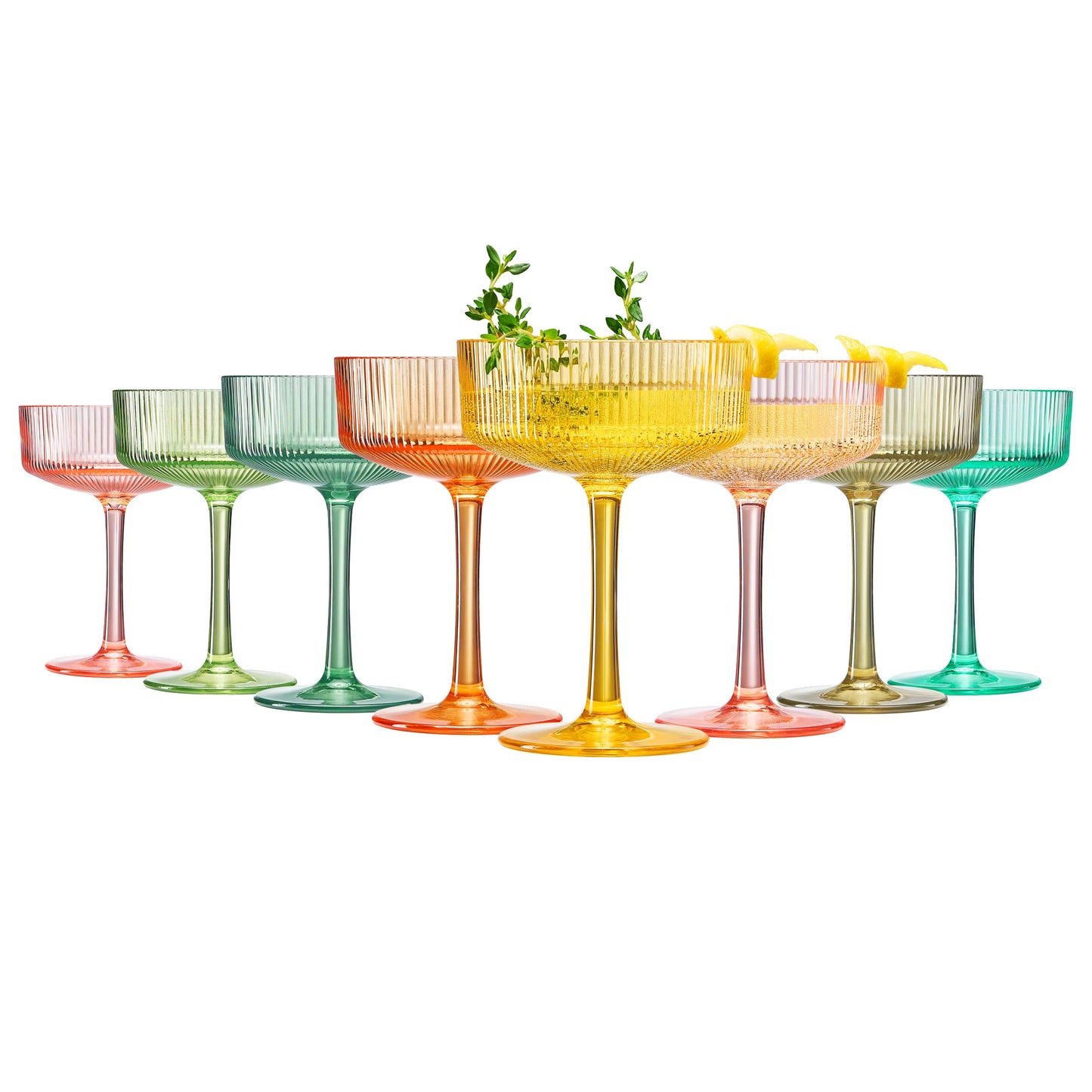 Khen Pink Peach Acrylic Ribbed Coupe Martini Champagne Cocktail Glasses, Set of 4, 8 oz Shatterproof Ripple Stemware European Style Reusable Drinkware Goblets, Indoor Outdoor Parties Weddings Bar Gift BST220