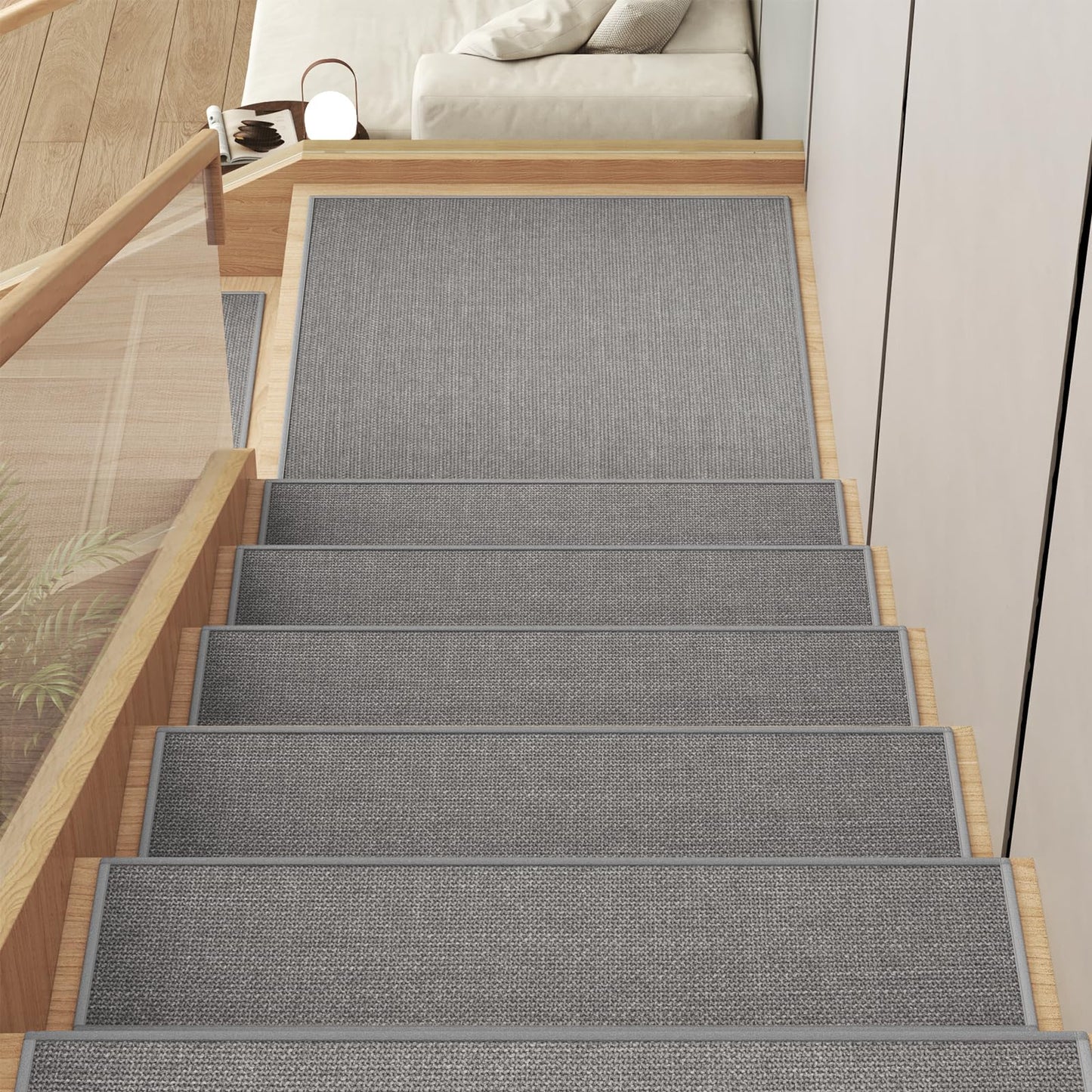 YDKGL Stair Treads Non Slip Indoor 4PCS, Rubber Backing Stair Runner Rugs for Wooden Steps, Residue Free Stair Carpet Treads for Kids Elders and Pets, Machine Washable Stair Mats, Gray, 8" x 30" WN420