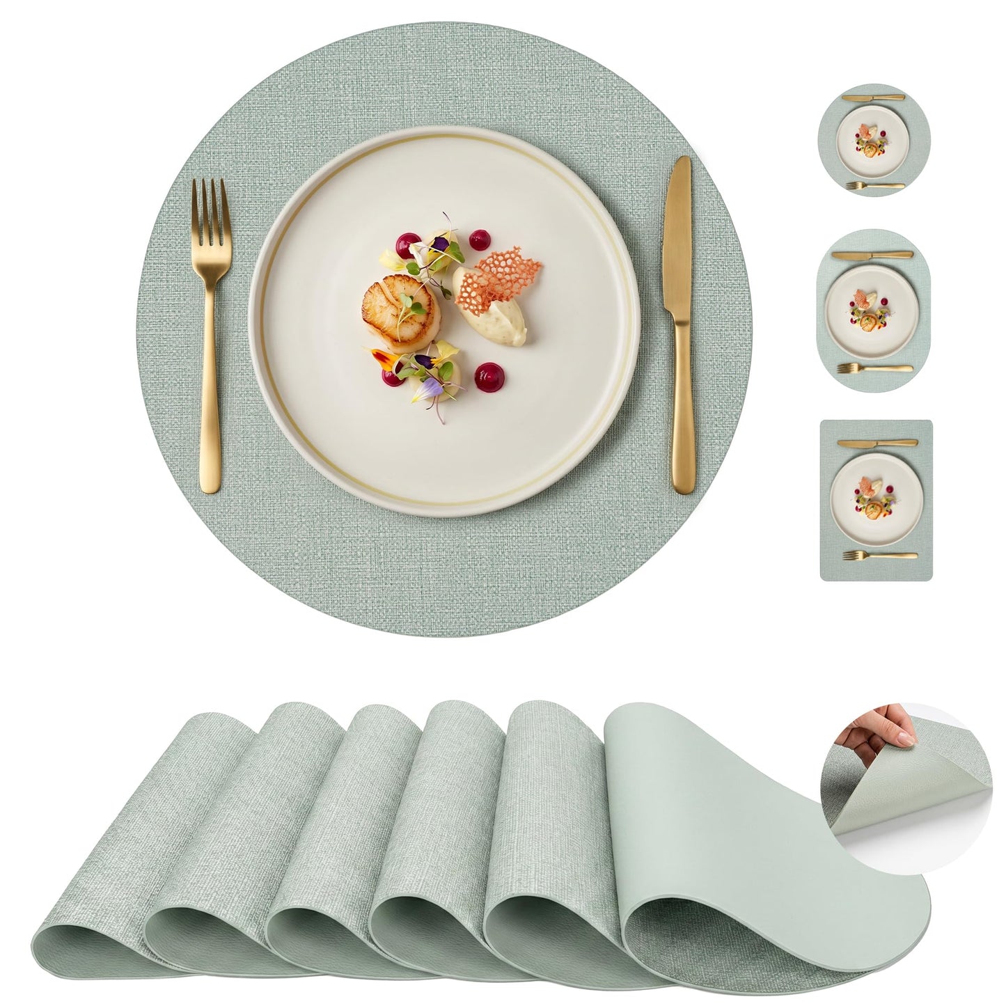 Faux Leather Placemats Set of 6, Wipeable Waterproof Stain Resistant Table Mats, Heat Resistant Thick Placemats with Hand-Painted Edges for Kitchen Dining, Imitative Linen Texture, Various Shapes BST326H