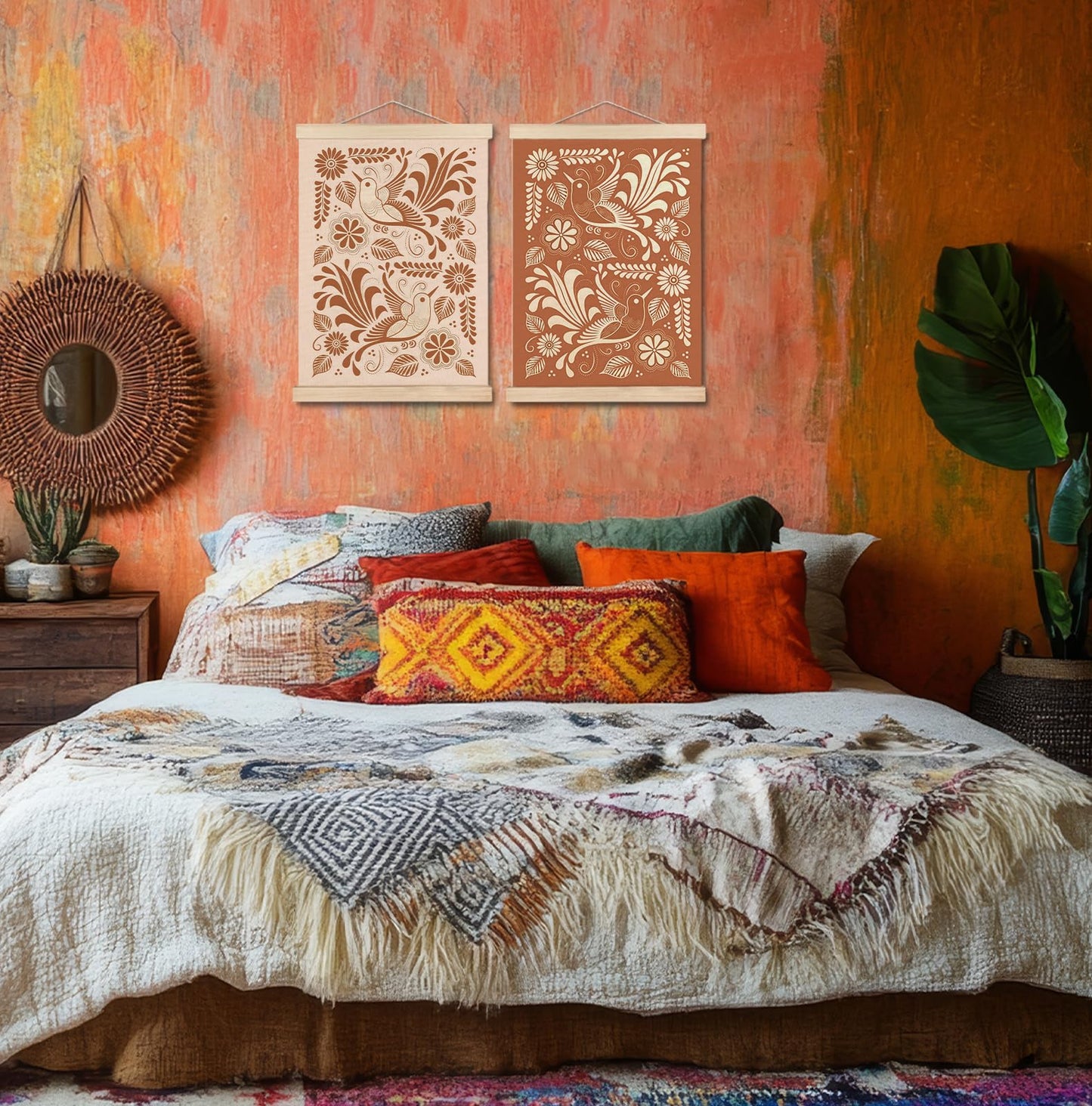SPBL&L Green Boho Floral Mexican Wall Art, Abstract Flower Poster Hanger Frame, Burnt Orange Terracotta Botanical Hanging Canvas Pictures Prints Wall Decor for Home Bedroom, 12x16 Inch Set of 2 BST202