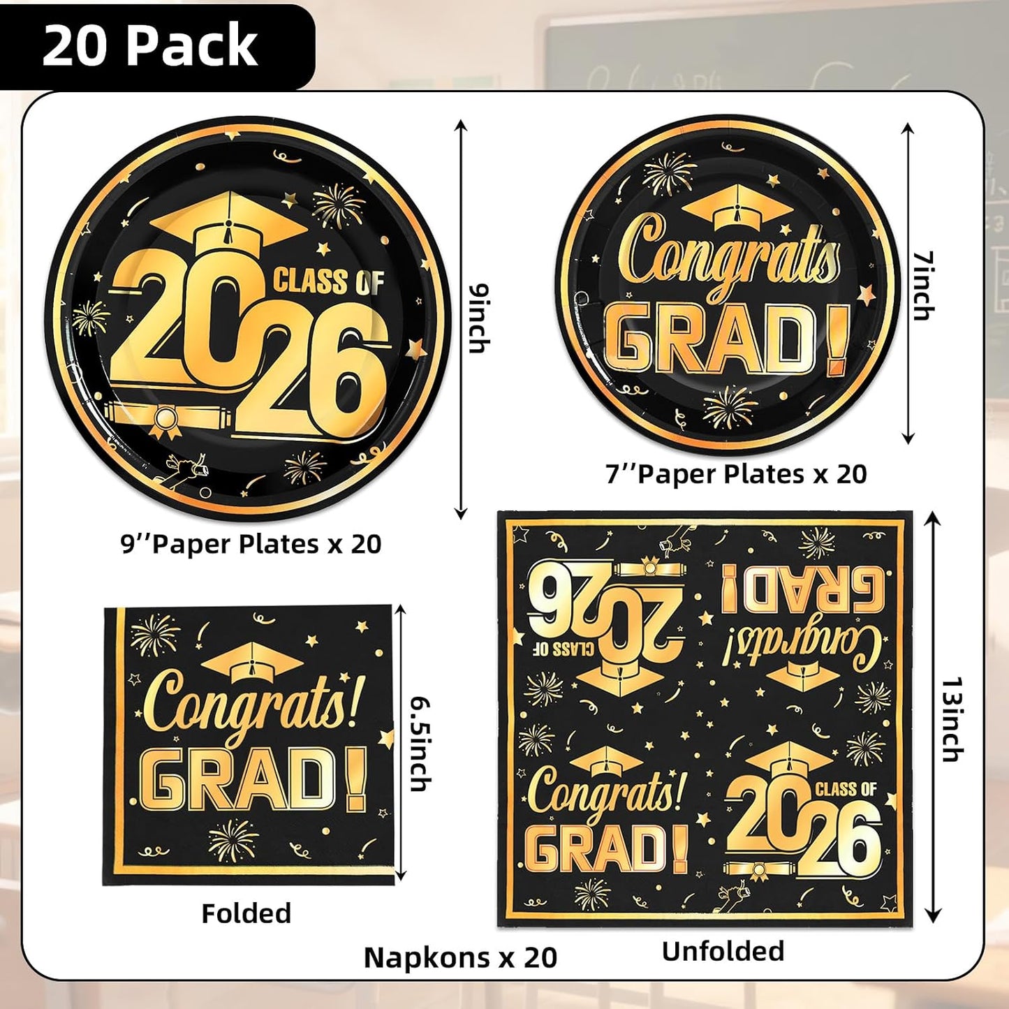 60Pcs Black Graduation Plates and Napkins 2026, Black and Gold Congrats Grad Class of 2026 Paper Plates Napkins Sets for College High School Graduation Party Decorations,Serves 20 BST326L
