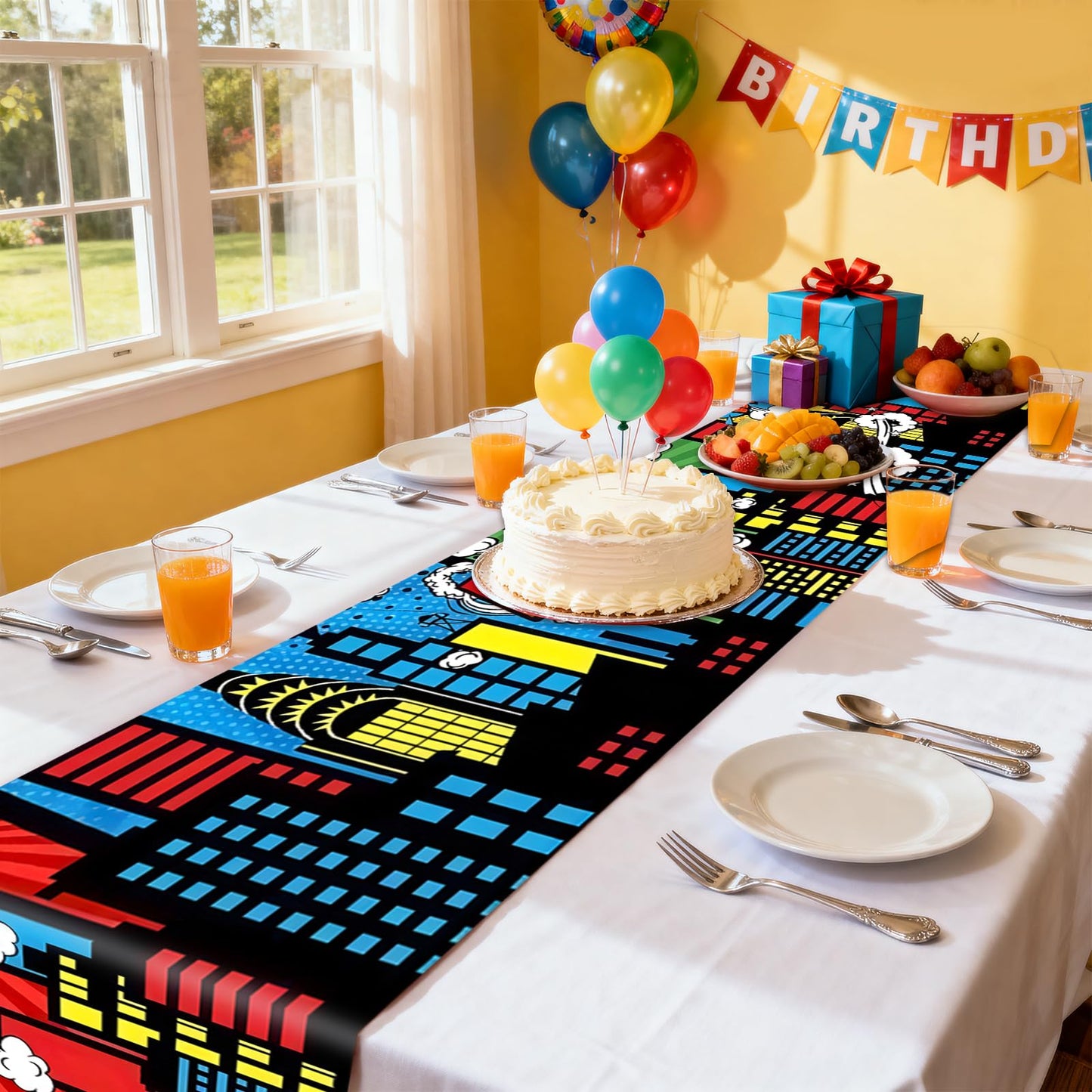 JCJT Extra Long Superhero Party Table Runner 90 Inches (Approx), Comic Book Theme Decorations, Pop Art Retro Style for Candy Buffet Table, Boys Birthday Event Supplies, 14 x 90 Inch BST220